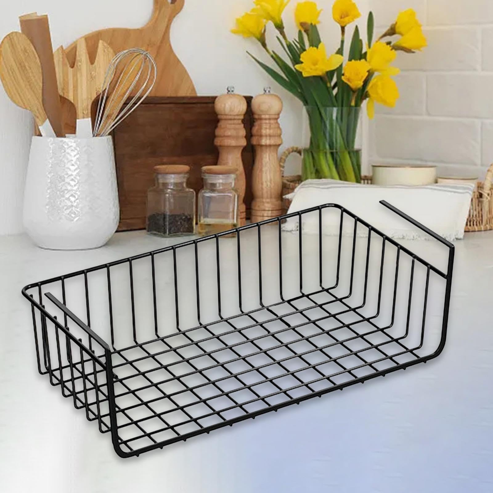 Sottomensola, in Filo Metallico, Scorrevole, Mensola in Filo Metallico, Porta Spezie Multiuso, Organizer per Cucina, Bagno, Armadio, Nero 32x22 cm