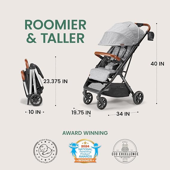 Bombi Bebee V2 Lightweight Baby Stroller - Premium Vegan Leather, One-Hand Fold, Infinite Recline, Aircraft-Grade Aluminum Frame, XXL Canopy, and Ample Storage Umbrella Stroller - Stone Gray