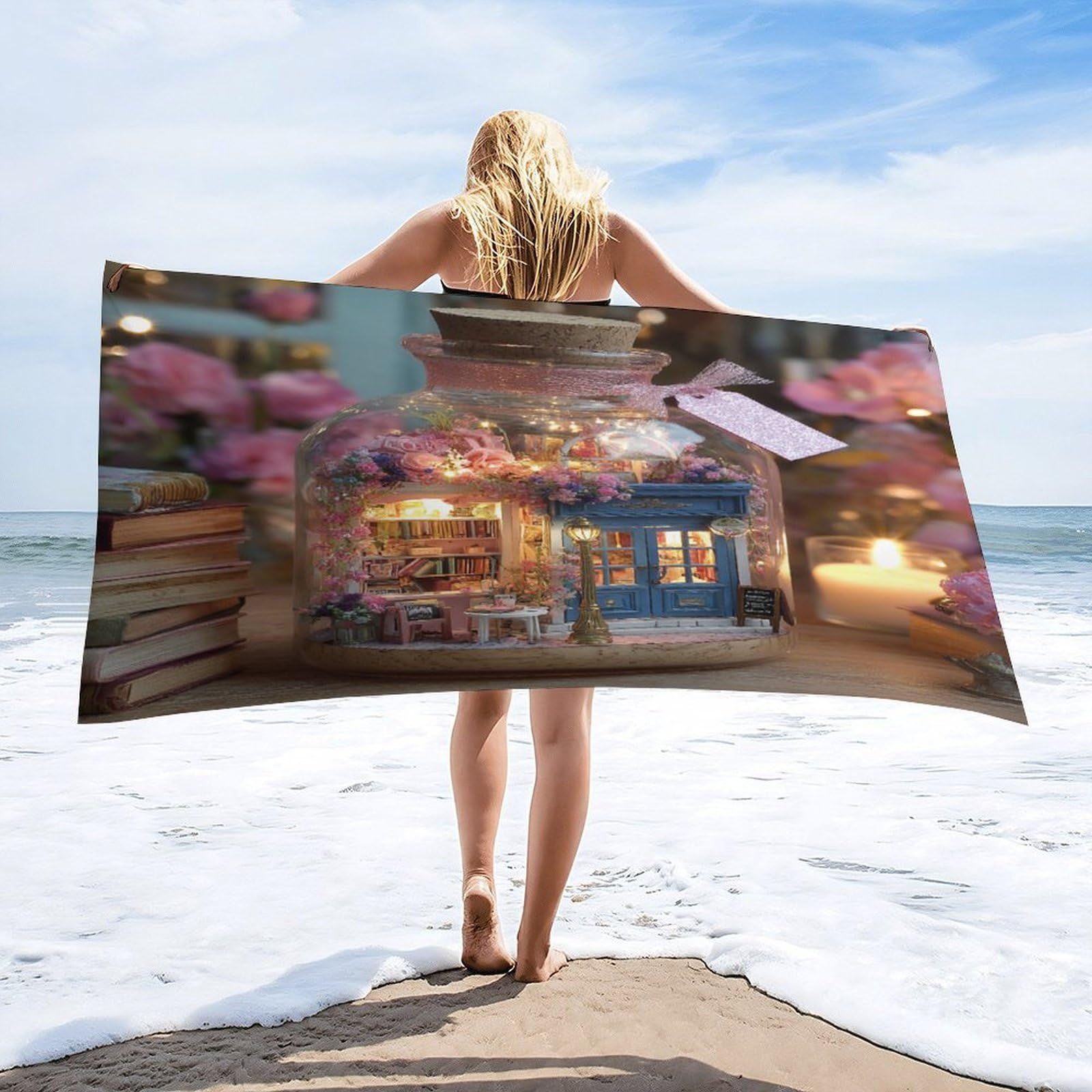 Luyysky Fantasy Unique Fairy Library Absorbent Beach Towel, Classic Abstract Oil Painting Plant Cherry Blossoms Floral Books Outdoor Single-Sided Velvet Beach Towel-80 W Cm X 160" L Cm