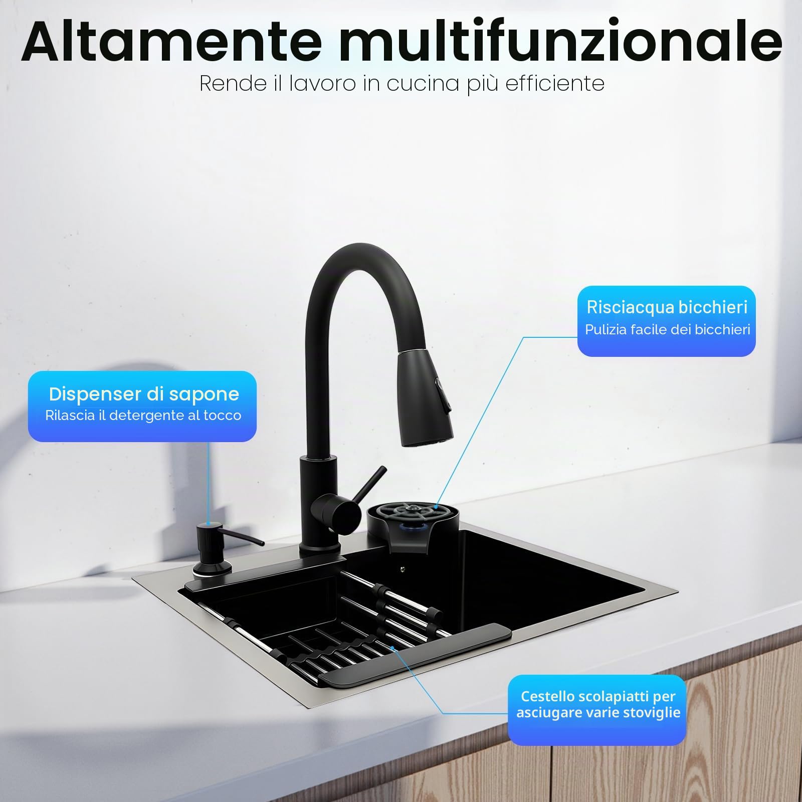 Lavello Nero Lavandino Nero 40x45cm Lavello da Incasso Linea a X Lavello da Cucina Cucina Lavello Includi Rubinetto Estensibile, Spazzola per Tazze, Sgocciolatore e Distributore di Sapone