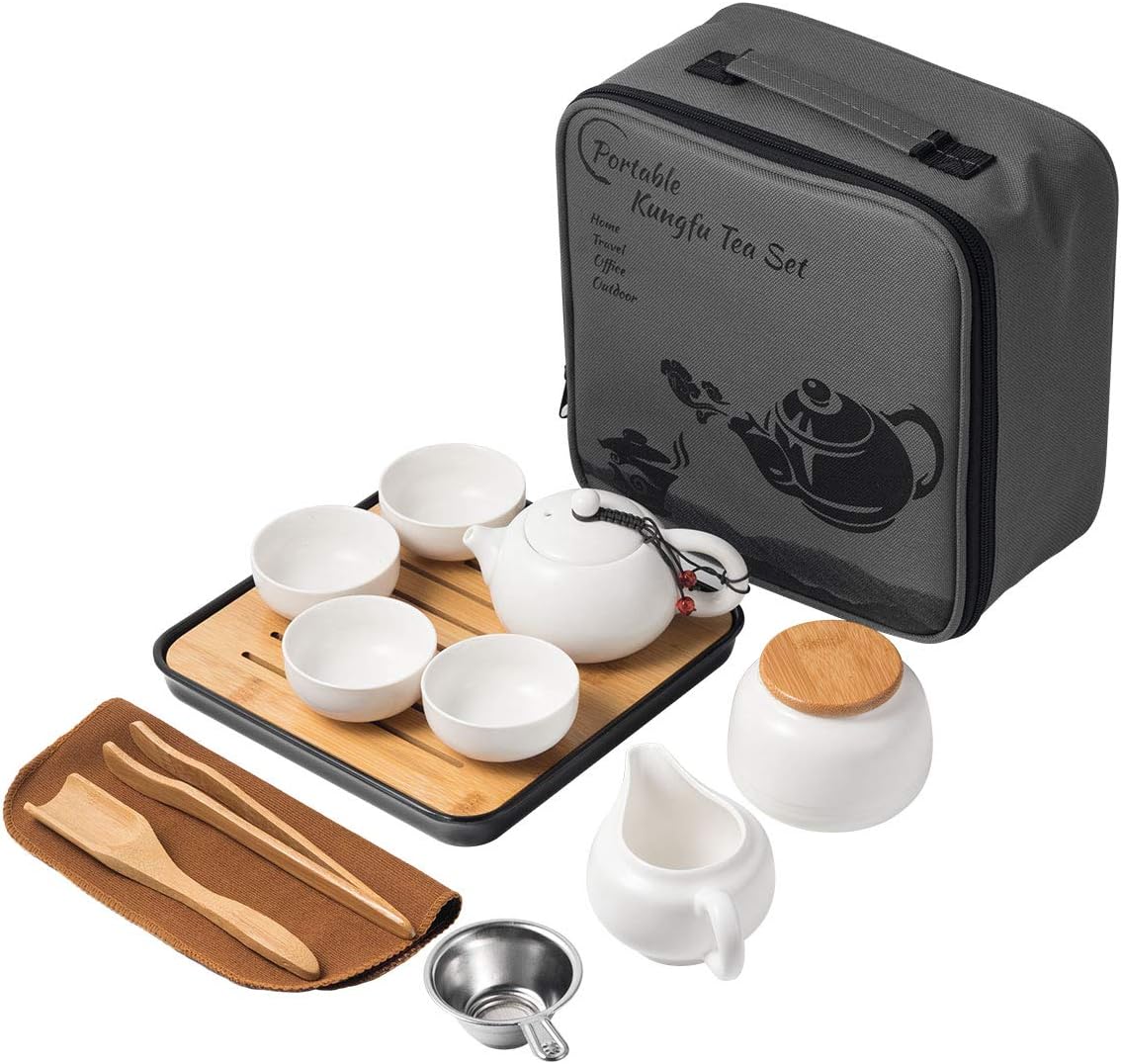 Travel Tea Pot Cup Set with Tray - Chinese Ceramic Tea Pot Infuser Porcelain Teapot, Portable Asain Ceramic Japanese Tea Set Gift Bag All in One for Outdoor Picnic Business Hotel