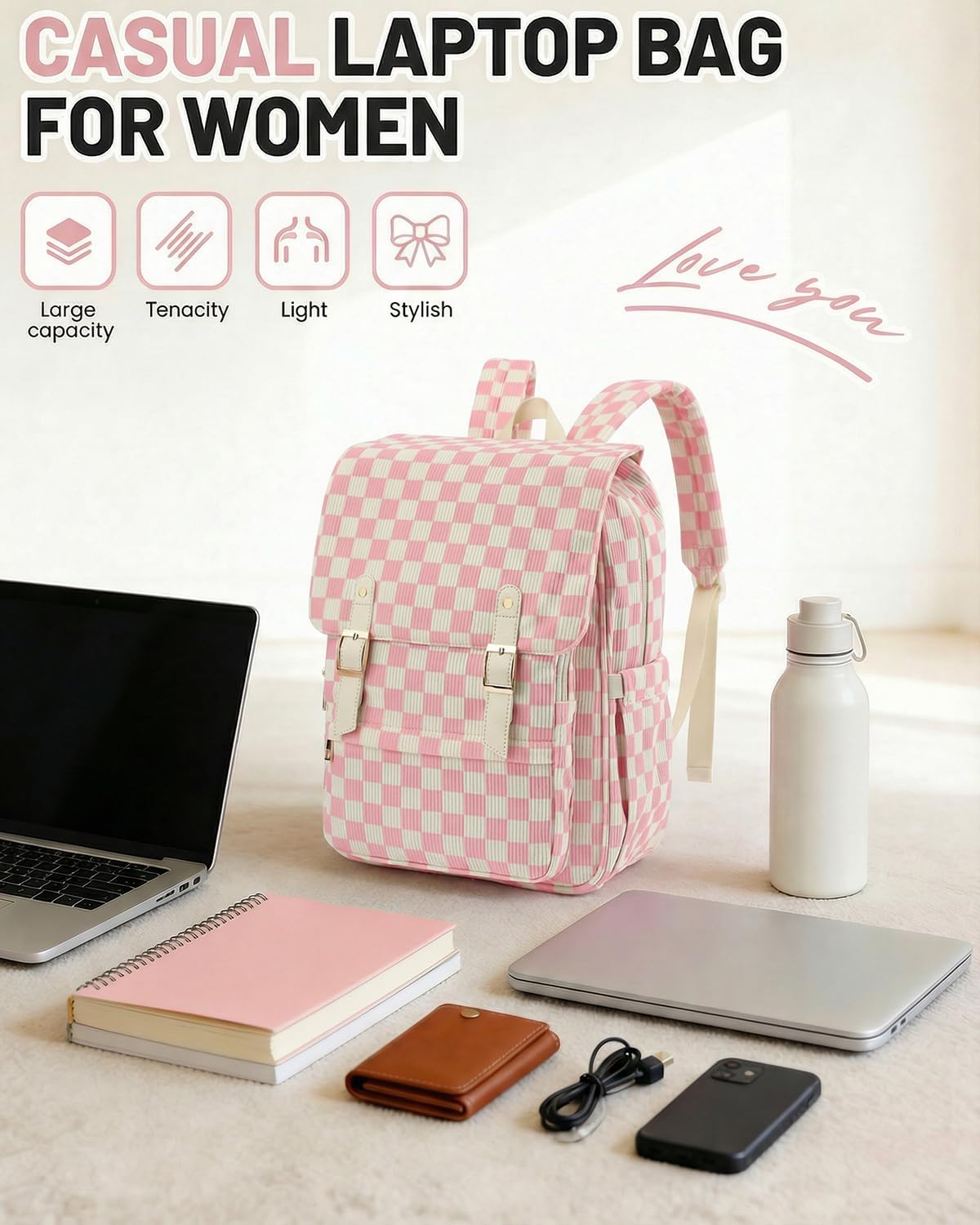 Corduroy Laptop Backpack for Women, Fits 15.6 Inch Computer Bag, College High School Bookbag Travel Daypack Purse, Work Business Bags - Corduroy Checkered Pink