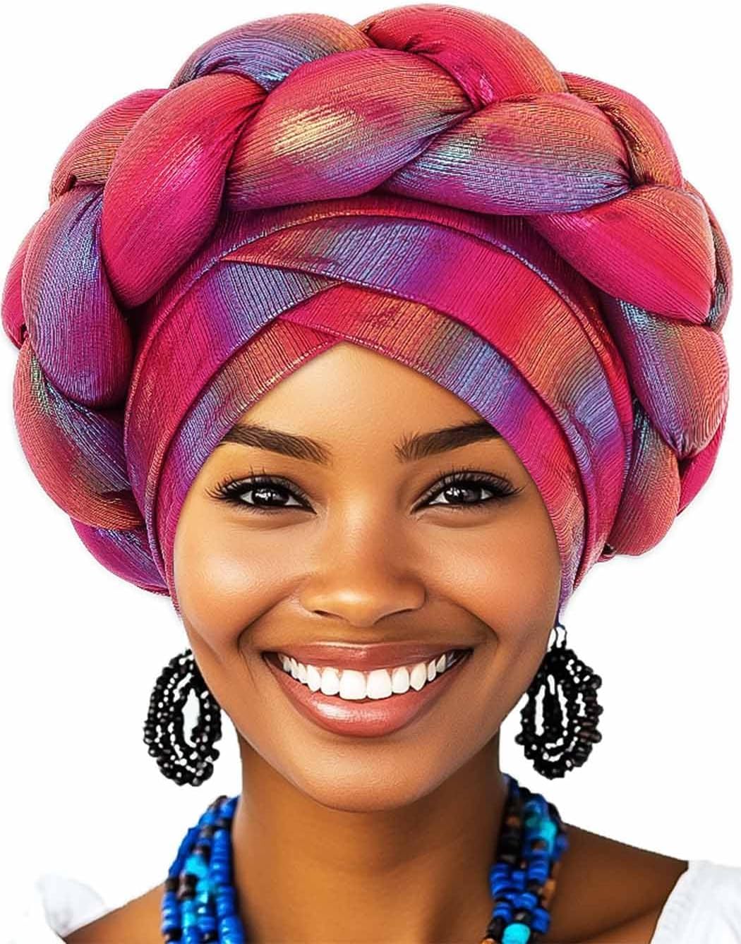 Woeoe Women African Turban Rose Red Braid Beanie Cap Headwear Pre-Tied Stretchy Twisted Head Turbans