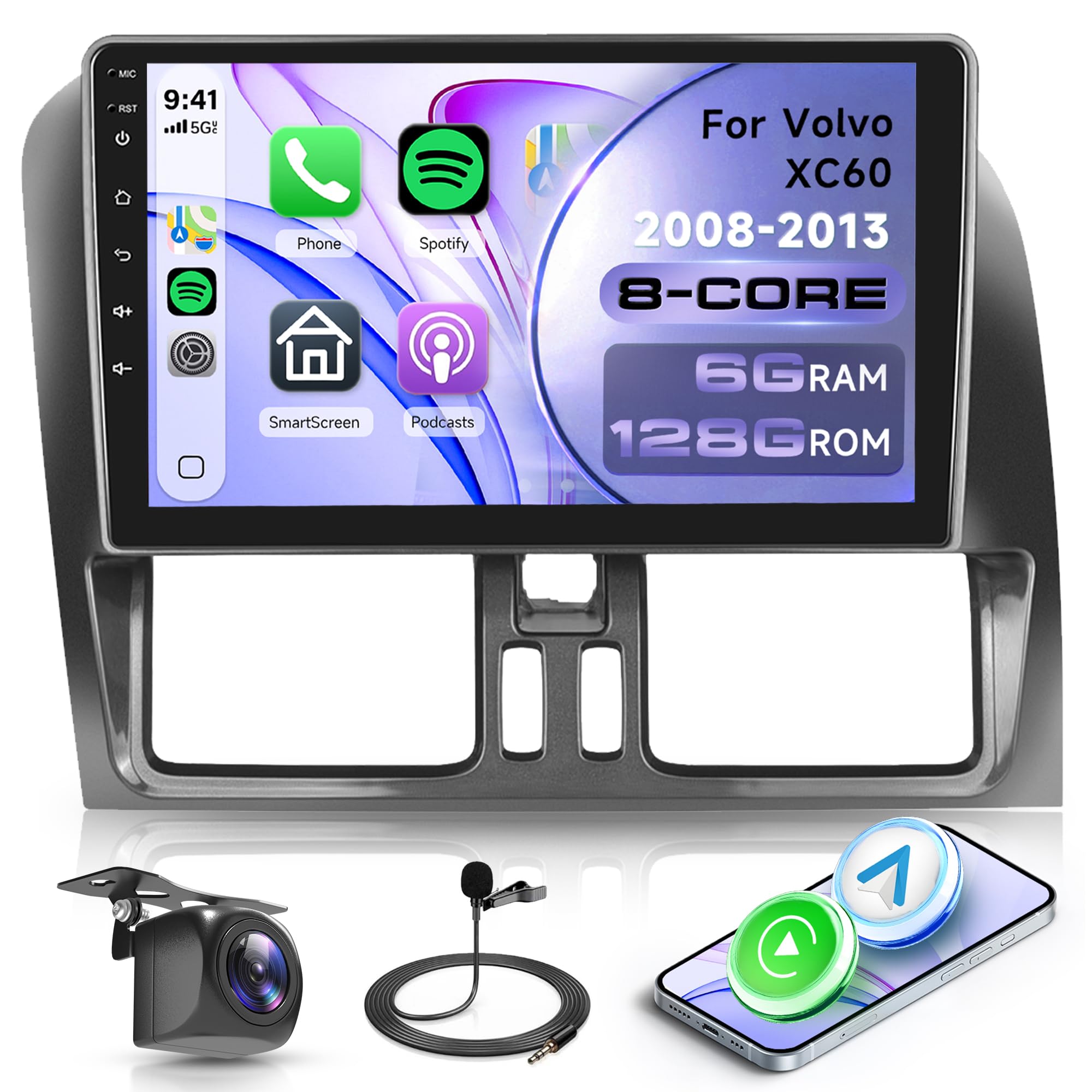 Rimoody 8 Core 6+128G Android Car Stereo for Volvo XC60 2008-2013 with Wireless Carplay Android Auto Radio, 9’’ Touchscreen Head Unit with GPS