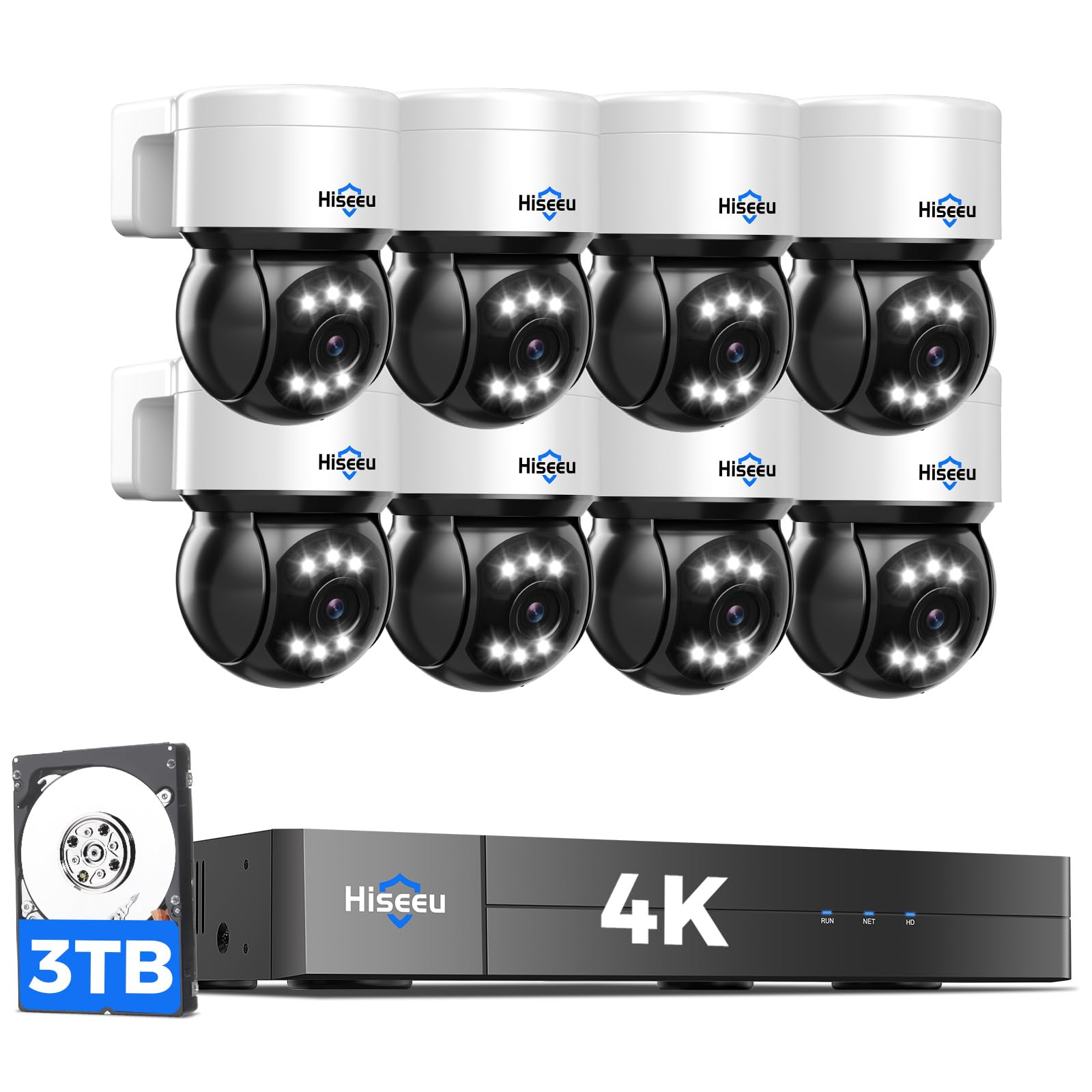 [330°Pan 90°Tilt+Human Tracking] Hiseeu 4K PoE Security Camera System,NVR Security Camera System w/8 * 8MP PoE PTZ Security Camera Outdoor&Indoor,2-