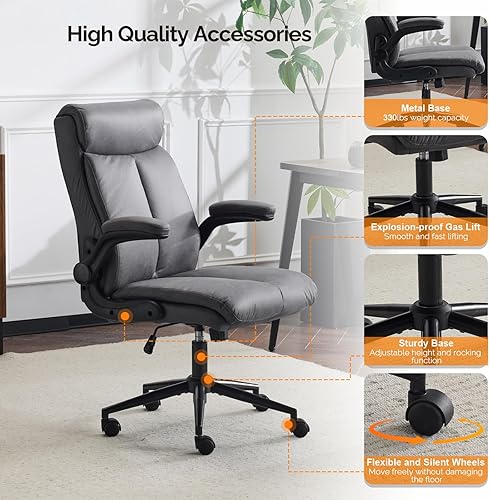 Miniatura 8 de VINGLI Silla de escritorio ergonómica rodante con brazos abatibles acolchados, silla ejecutiva giratoria de 360 con respaldo alto para computadora,