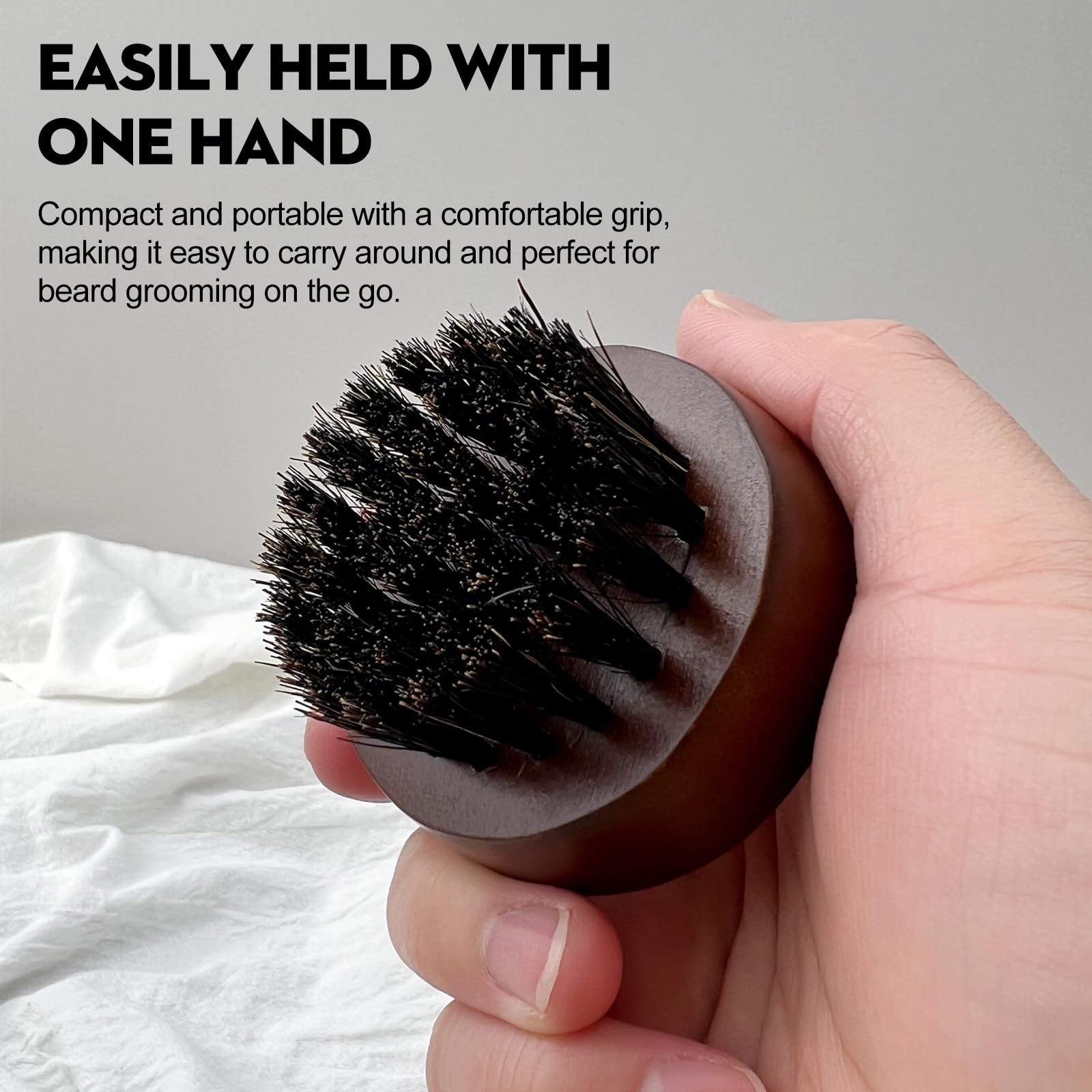 Cepillo para barba para hombre, mango redondo pequeño de madera, cerdas de jabalí sofisticadas
