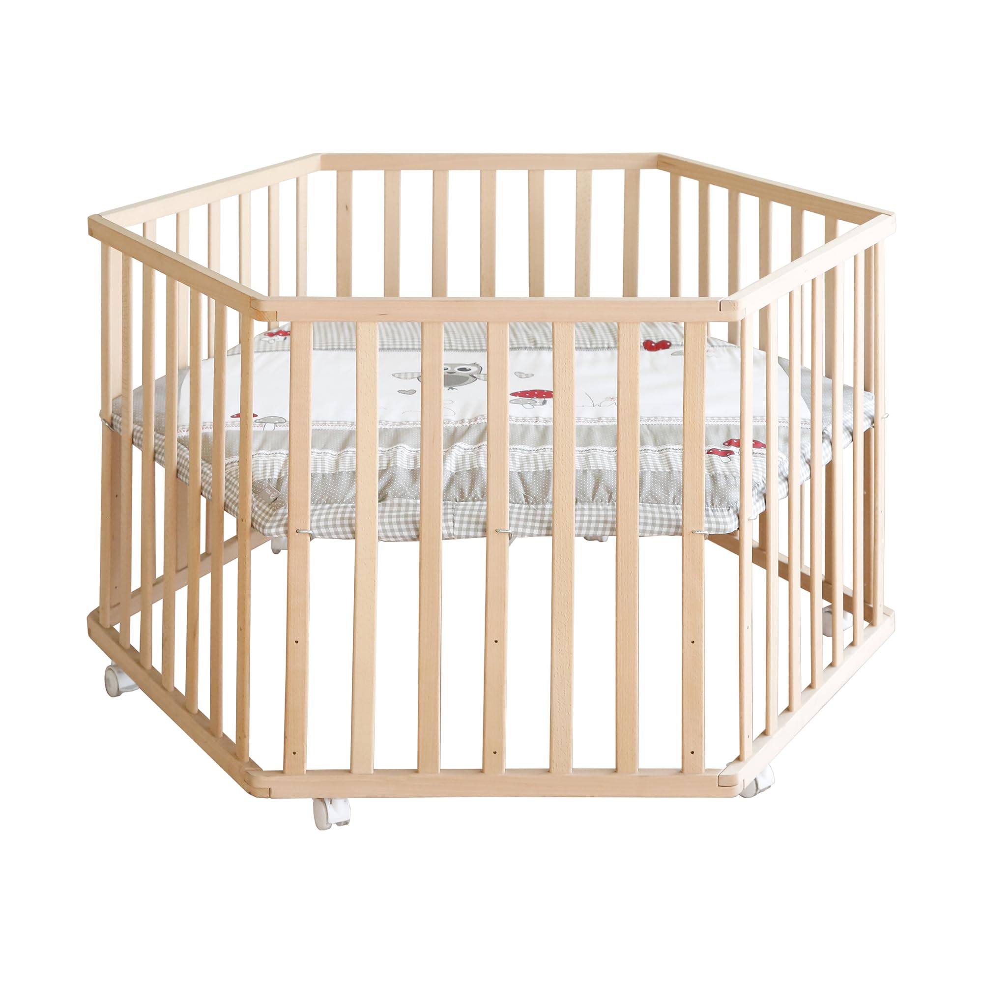 roba parc 'Adam & Hibou' – parc hexagonal/hexagone – parc de jeu sécurisé avec tapis de protection – mobile grâce aux roulettes – bois naturel