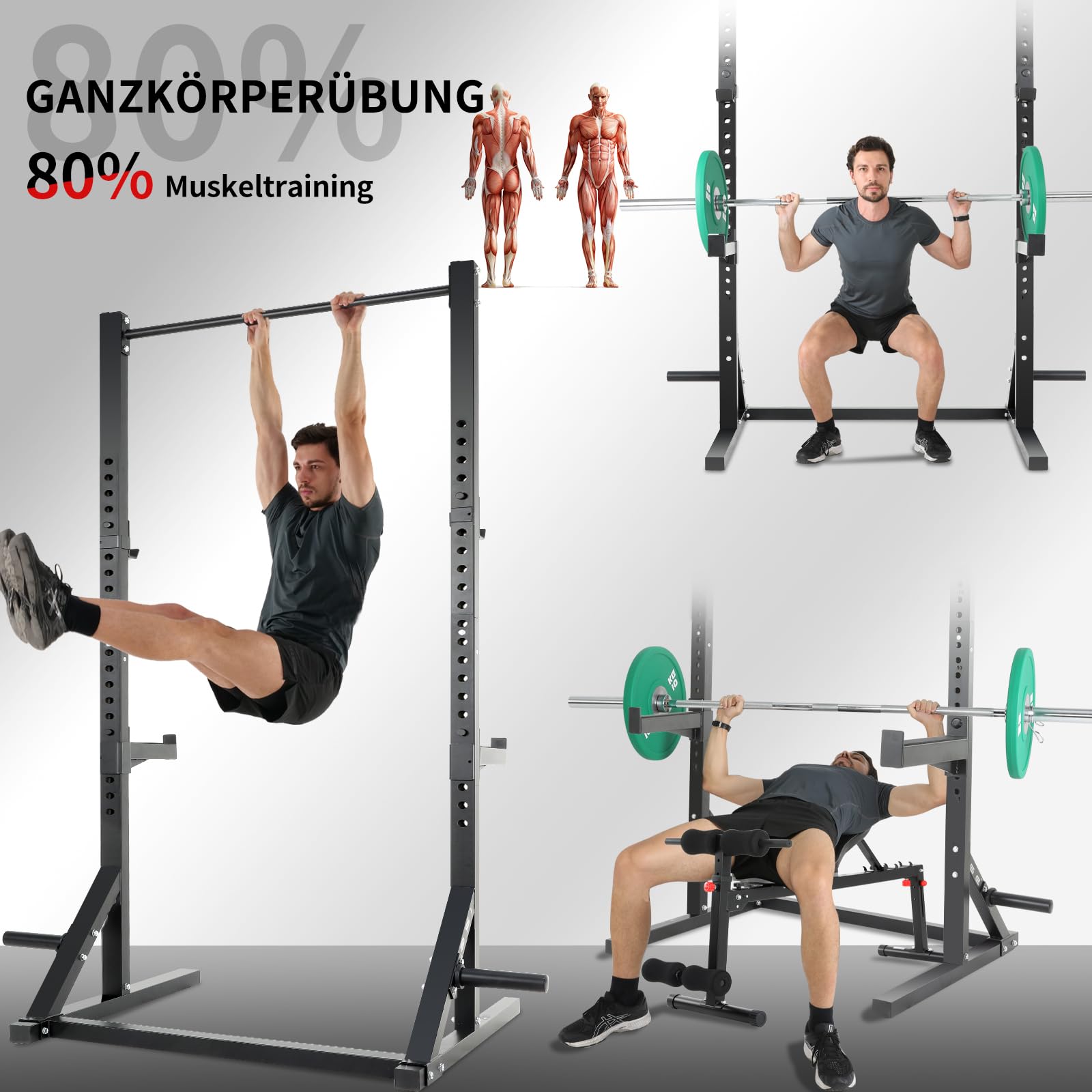 ISE Power Cage Verstellbares Kraftstation-Rack für Gewichtheben, Kniebeugen und Kreuzheben, Power Rack Schwarz Smith Machine Multipresse, Stahl-Konstruktion Klimmzugstange für Home Gym