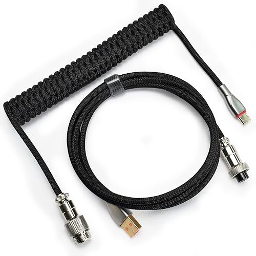 ZDawnn Cables de teclado trenzados de 4.9ft en espiral tipo C a USB A con conector de aviador desmontable, para tecladotableta de juegos (negro)
