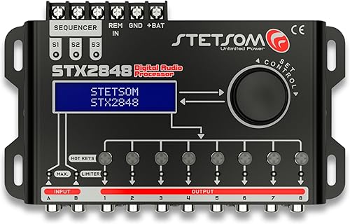 Stetsom STX 2848 DSP Crossover & Ecualizador Procesador de señal digital completo de 8 canales (Secuenciador) 2.8 Relé remoto