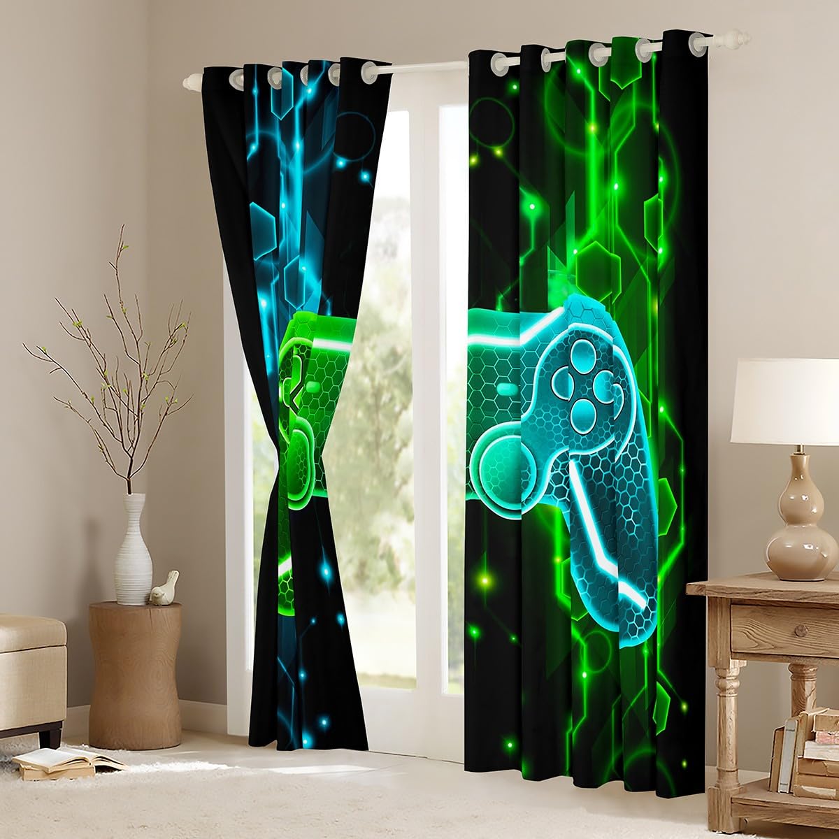 Homemissing Kids Gamer Curtains for Bedroom Game Controller Darkening Drapes W66*L72 Boys Gaming Gifts 30%-50% Blackout Curtains Gamepad Pattern Green Teal Blue Window Treatments - Image 3