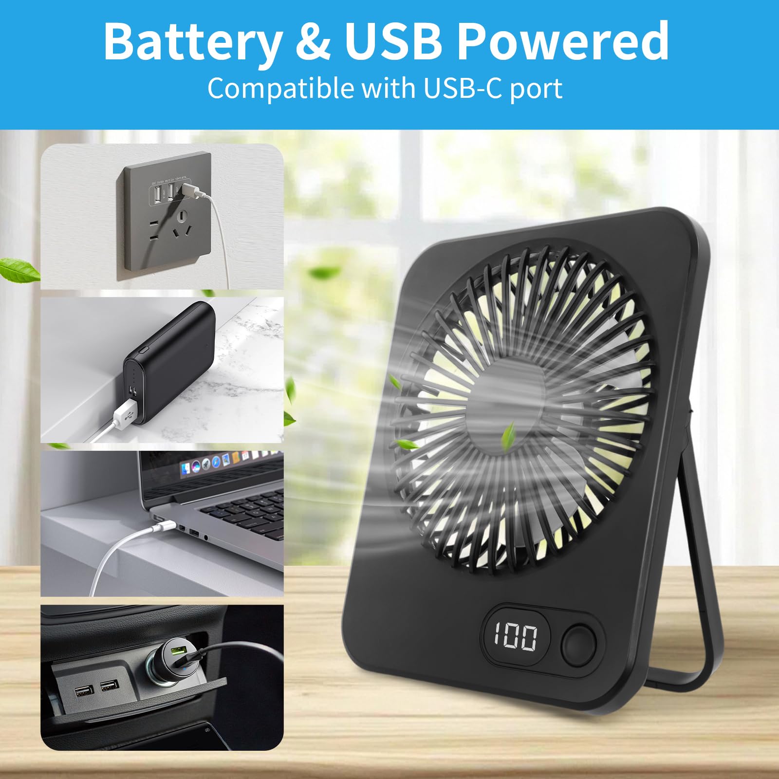 Ventilador USB Mini Portátil - Plegable, Batería 1200 MAh, 5 Velocidades, Silencioso, Ideal Para Coche, Oficina, Dormitorio O Camping