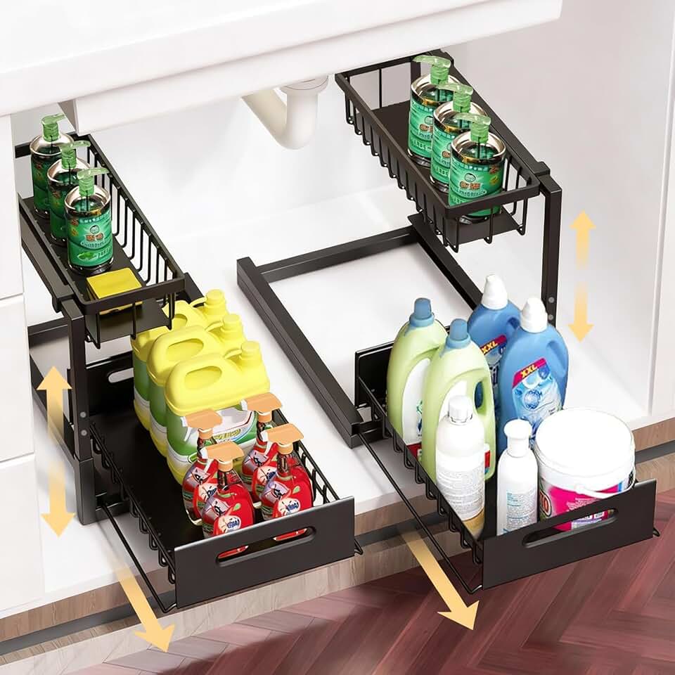 NUNET 2 Pack Under Sink Organizer, Height Adjustable Pull Out Cabinet Shelf, Heavy Duty Metal Sliding Drawer, Rust-Resistant Stora