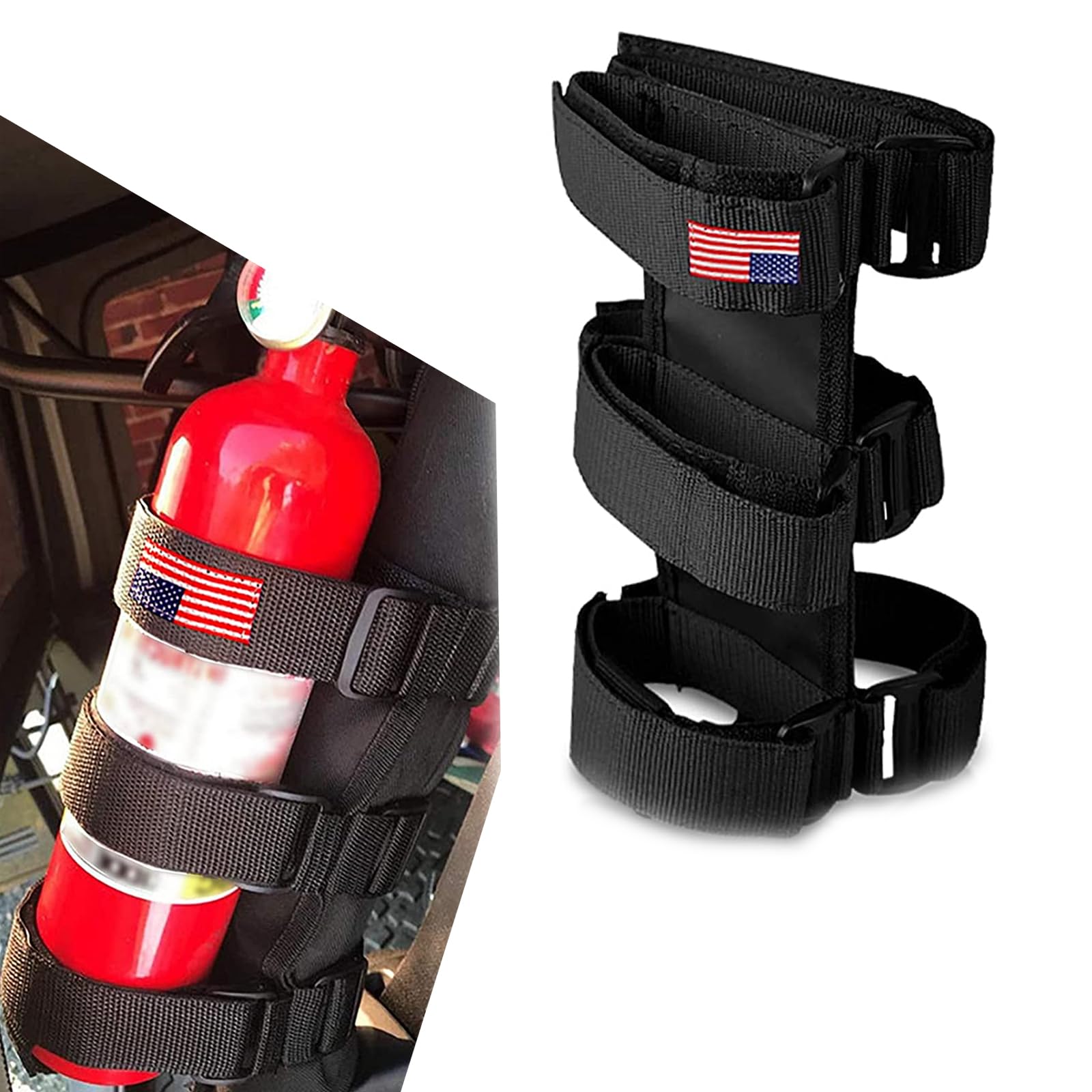 Tesnaao Pack-1 American Flag Car Fire Extinguisher Holder Strap, Adjustable Durable Fabric Vehicle Fire Extinguisher Mount, Compatible with Jeep Wrangler 1965-2022 JK JKU TJ CJ Gladiator (Black)