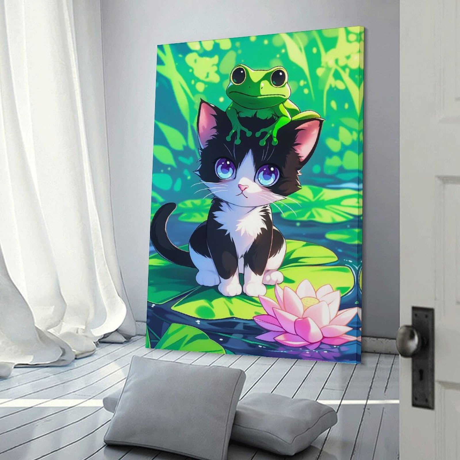 Junmoney Frame-Style-13 Canvas Art Print Cat And Frog Friends, 20X30inch(50X75cm), For Office, Study Or Home Workspace, Wall Art That Adds Style To Work Areas