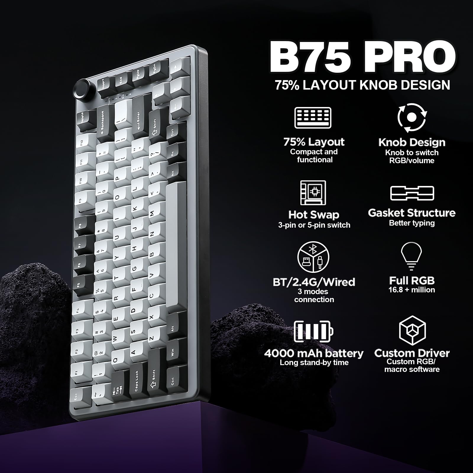 YUNZII B75 PRO Wireless Mechanical Keyboard,75% Layout with Knob,Hot Swap Gasket Custom Structure,Creamy Pre-lubed Switches,RGB Backlit,BT/Type-C/2.4G for Win/Mac(Cocoa Cream V2 Switch,Dark Grey)