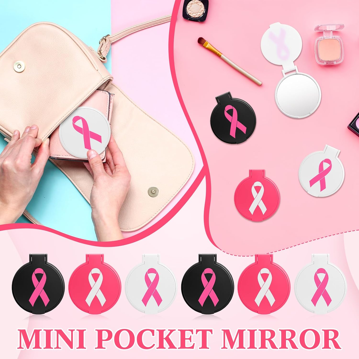 Yalikop 24 Pcs Breast Cancer Awareness Small Compact Mirrors Bulk Portable Folding Mini Pocket Makeup Mirrors Breast Cancer Awareness Accessories Gift for Women Friends