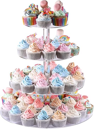 Miniatura 5 de Cupcake Stand, 4-Tier Round Acrylic Cupcake Display Stand Dessert Tower Pastry Stand for Wedding Birthday Theme Party- 15.7 Inches (Transparent)