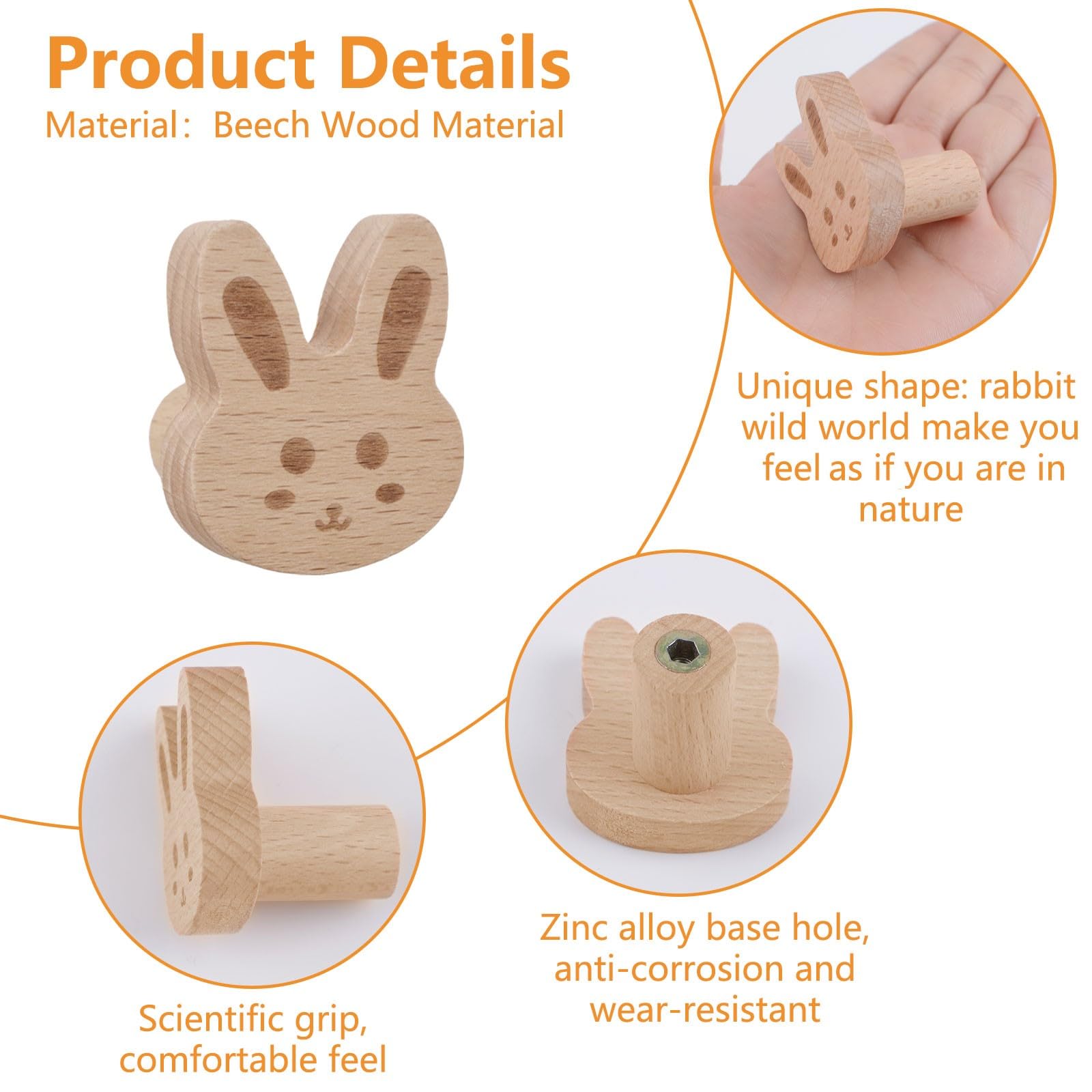 MOROBOR Pomelli decorativi unici in legno per cassetti, 6 pezzi, a forma di coniglio, con viti, per cameretta dei bambini, cucina, armadio, camera da letto, comodino
