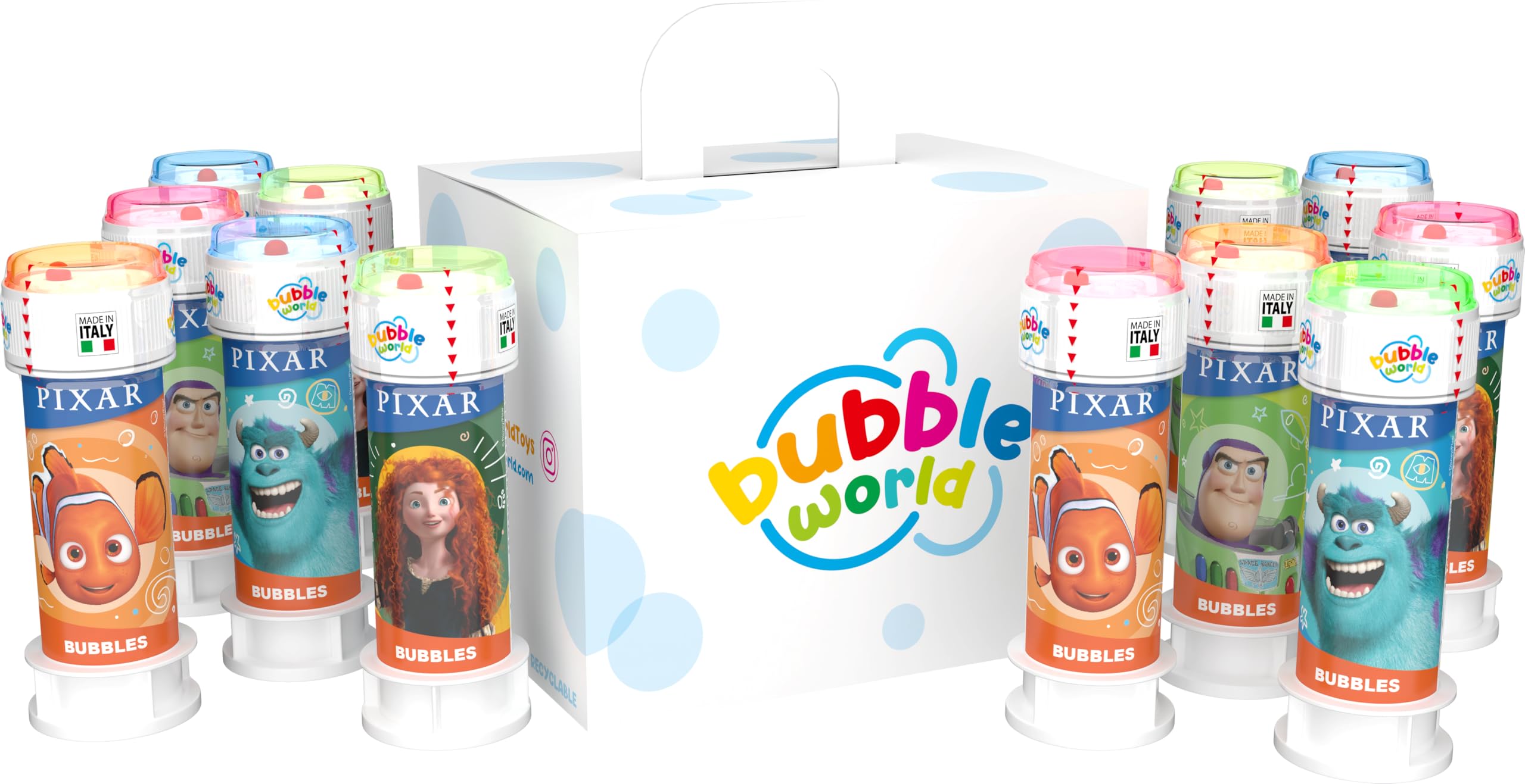 Bubble World PIXAR MULTIPROPERTY Soap Bubbles for Children – Party Pack of 12 x 60 ml – Birthday Gadget Themed Film Animation – Made in Italy