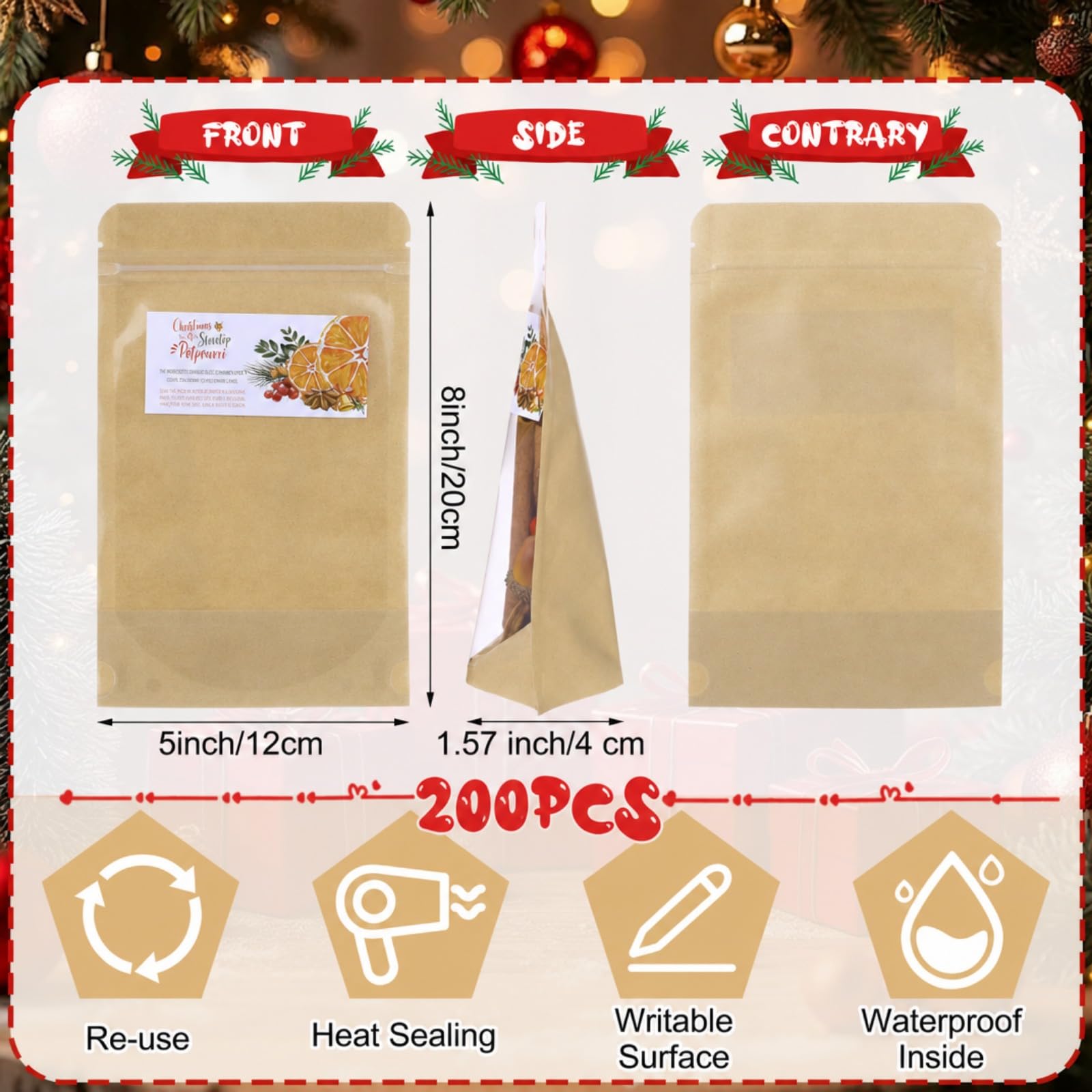 Vesici 200 sacchetti di carta kraft per potpourri natalizi, con etichetta, per piano cottura, potpourri, per la confezione di fornelli, per le vacanze, fai da te, kit regalo per la casa, decorazione