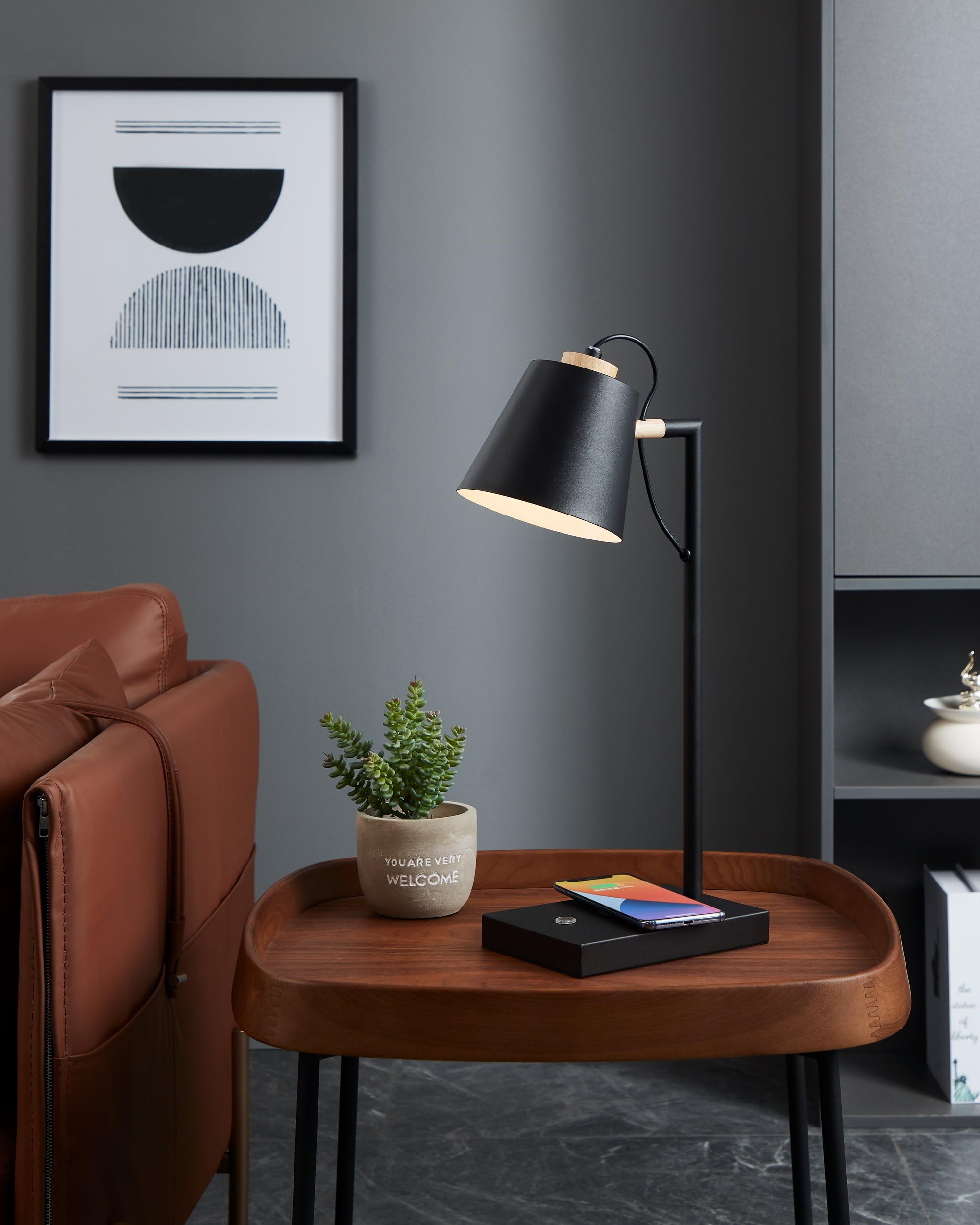 EGLO LED Tischlampe Lacey, Nachttischlampe mit QI-Ladefunktion | Tischleuchte Touch dimmbar aus Holz in Natur, Metall in Schwarz und Creme, Schlafzimmer Tisch Lampe, warmweiß