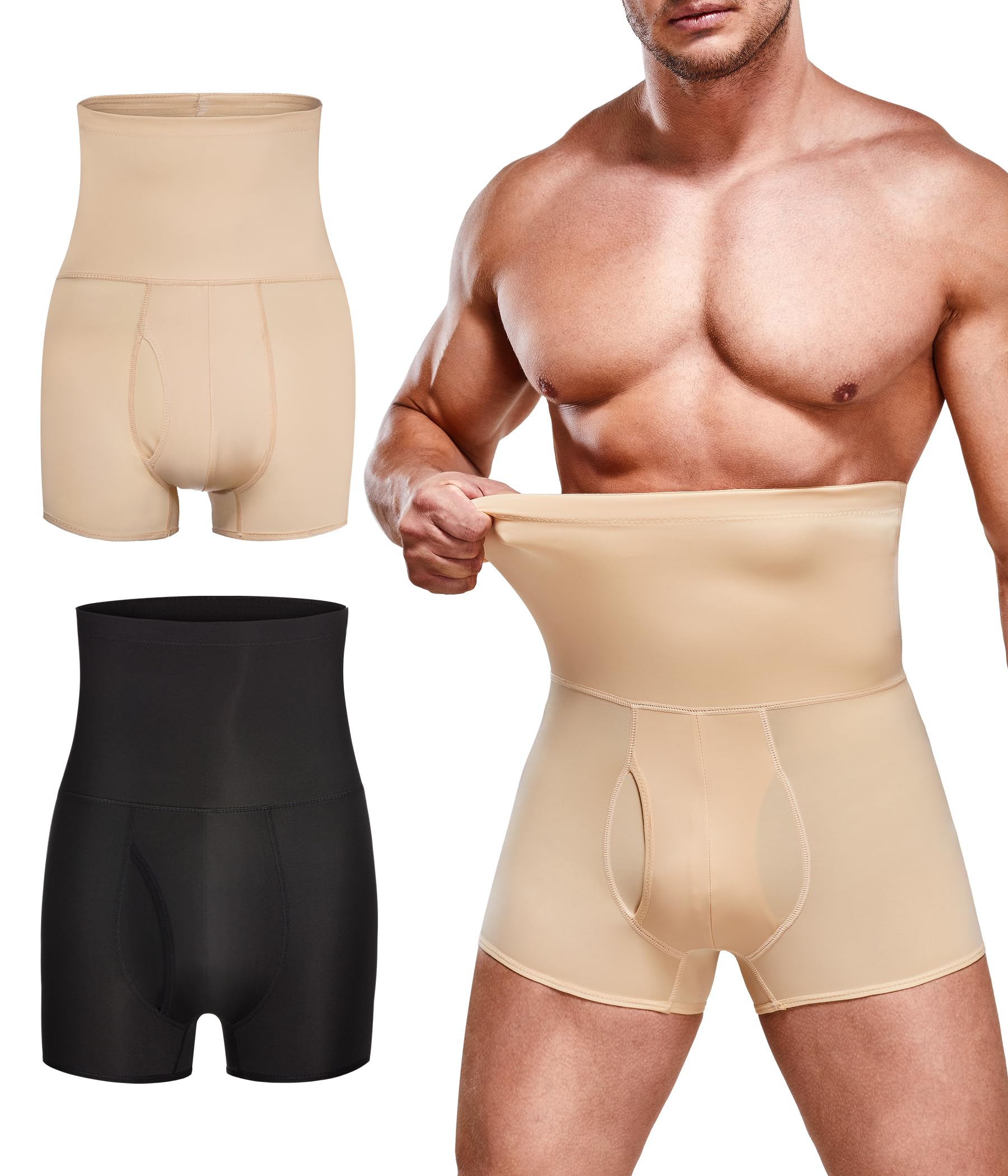 2 pantalones cortos de compresión para hombre, con control de abdomen, cintura alta, sin costuras, adelgazante, ropa interior moldeadora del cuerpo