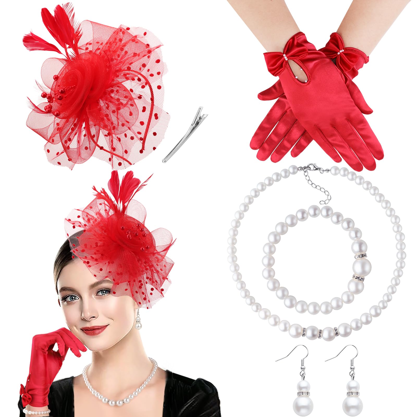DRESHOW Fascinators Hat for Women Veil Mesh Tea Party Hat Headwear Feather Derby Hat Pillbox Hat and Gloves Pearl Jewelry Set for Cocktail 1920s Party