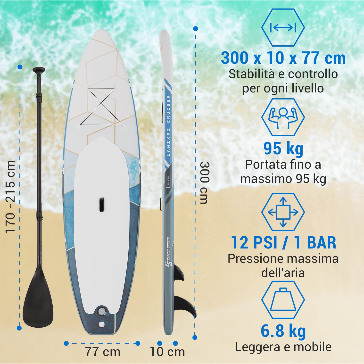 Capital Sports Cruiser SUP, Tavola SUP Gonfiabile per Adulti e Bambini, Stand Up Paddle Con Pagaia in Alluminio, Borsa da Trasporto, Pompa SUP e Accessori da Paddle Board e Kayak