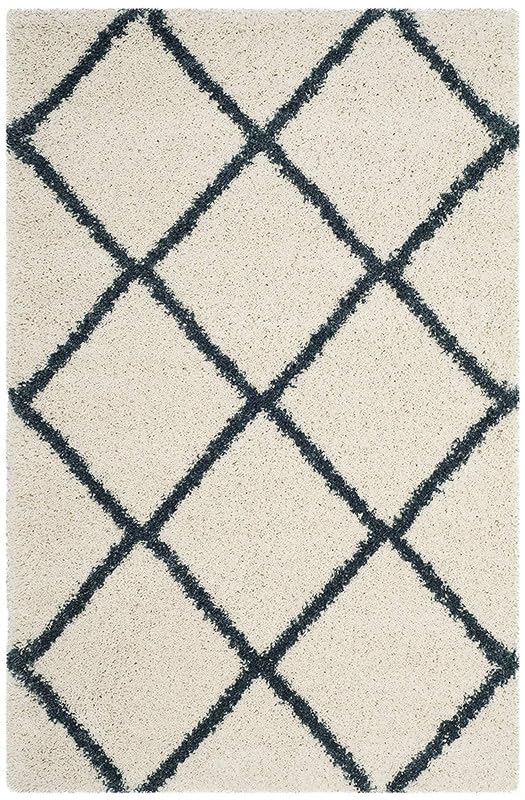 Image of FIASCO Polyester Shaggy Bedside Runner, Soft Indoor Modern Shaggy, Soft Rugs for- Living Room, Dinning Room, Office, Bedroom & Hallway Carpet Rugs Size 5X7 Ivory Blue Box