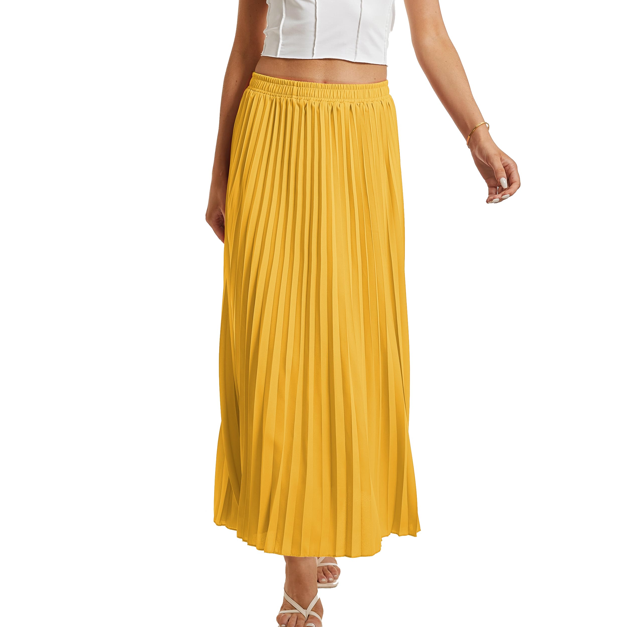 Damen-Faltenrock, hohe Taille, elastisch, Stretch, lang, knöchellang, schwingend, A-Linie, Strand, Maxirock