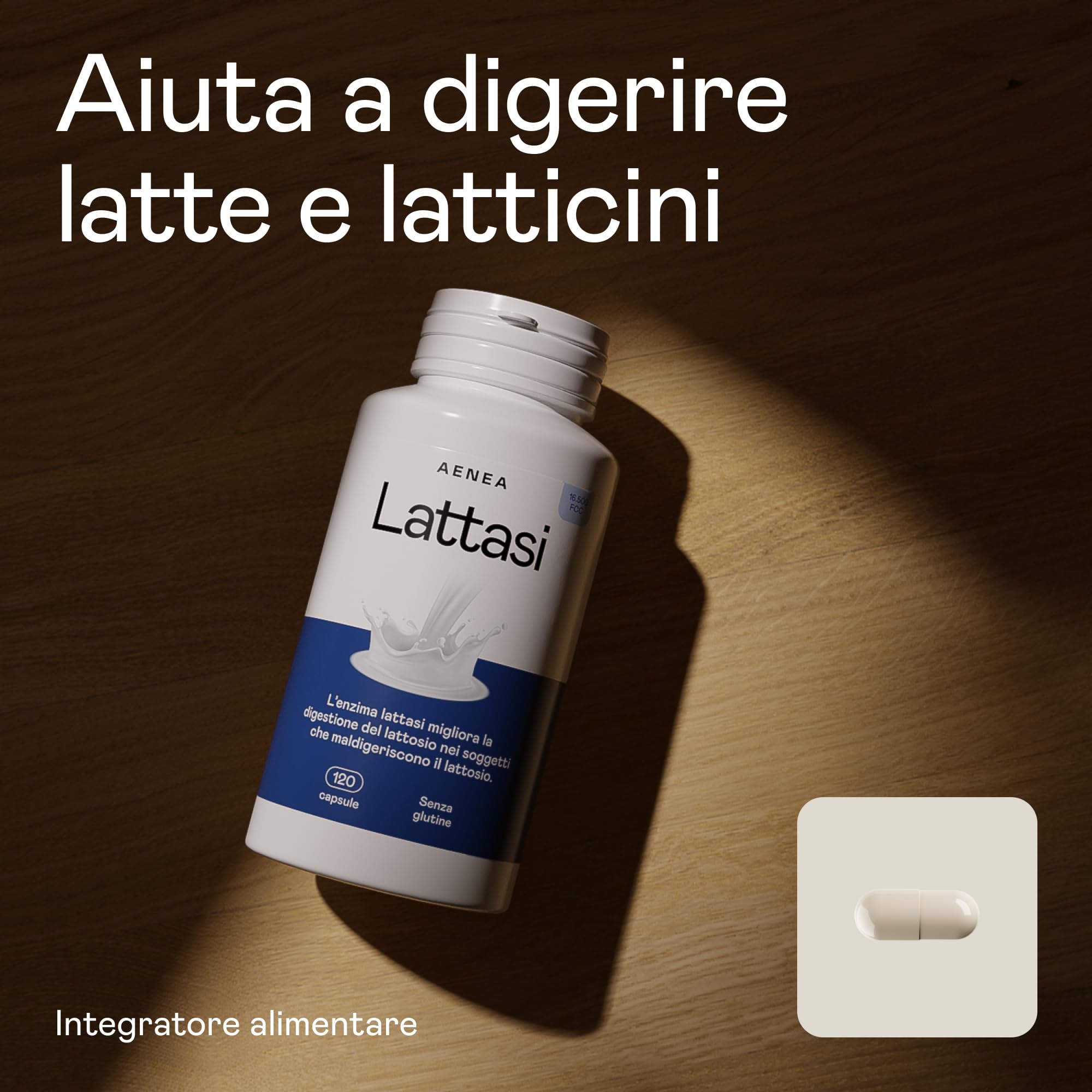 Aenea Lattasi Capsule Effetto Immediato 16500 FCC, 120 Capsule, Enzima Lattasi ad Alto Dosaggio per Intolleranza Lattosio, Capsule Lattosio per Digestione, Prodotto in Italia e Sicuro