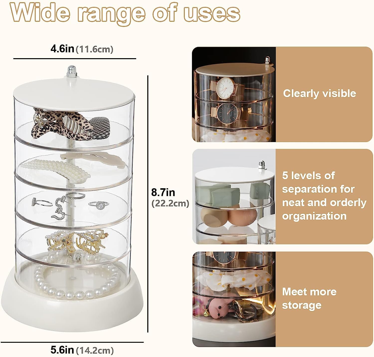 YIEZI 360° Rotating Hair Accessories Organizer, Clear 5-Layers Acrylic Jewelry Box, Bathroom Containers for Headband, Bows, Hair Tie, Cotton Swab Organization for Preppy Women