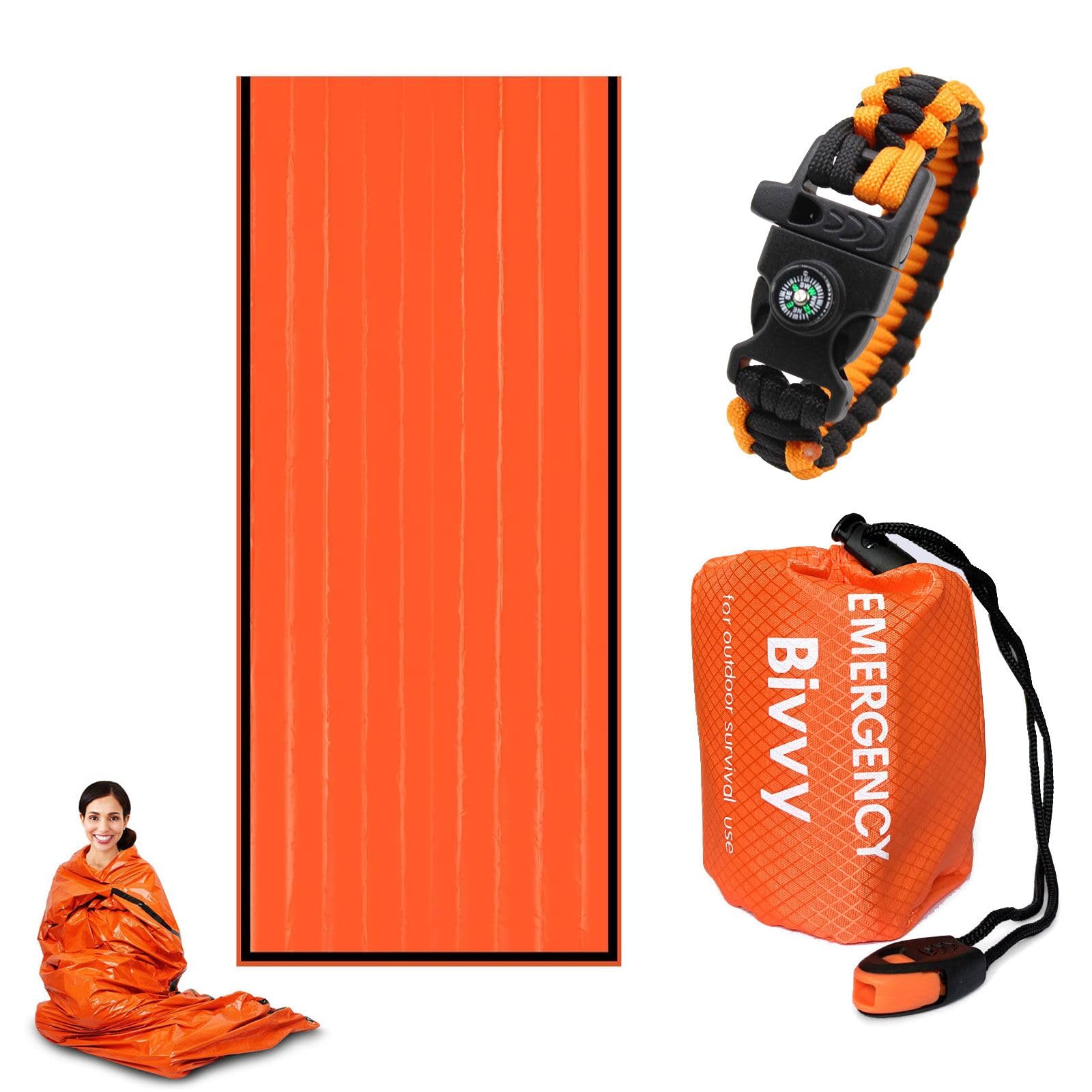 Sacco a Pelo d'Emergenza con Braccialetto Sopravvivenza Sacco a Pelo di Sopravvivenza Coperta di Sopravvivenza Riutilizzabile Coperta di Isolamento Termico di Primo Soccorso per Outdoor Viaggiare
