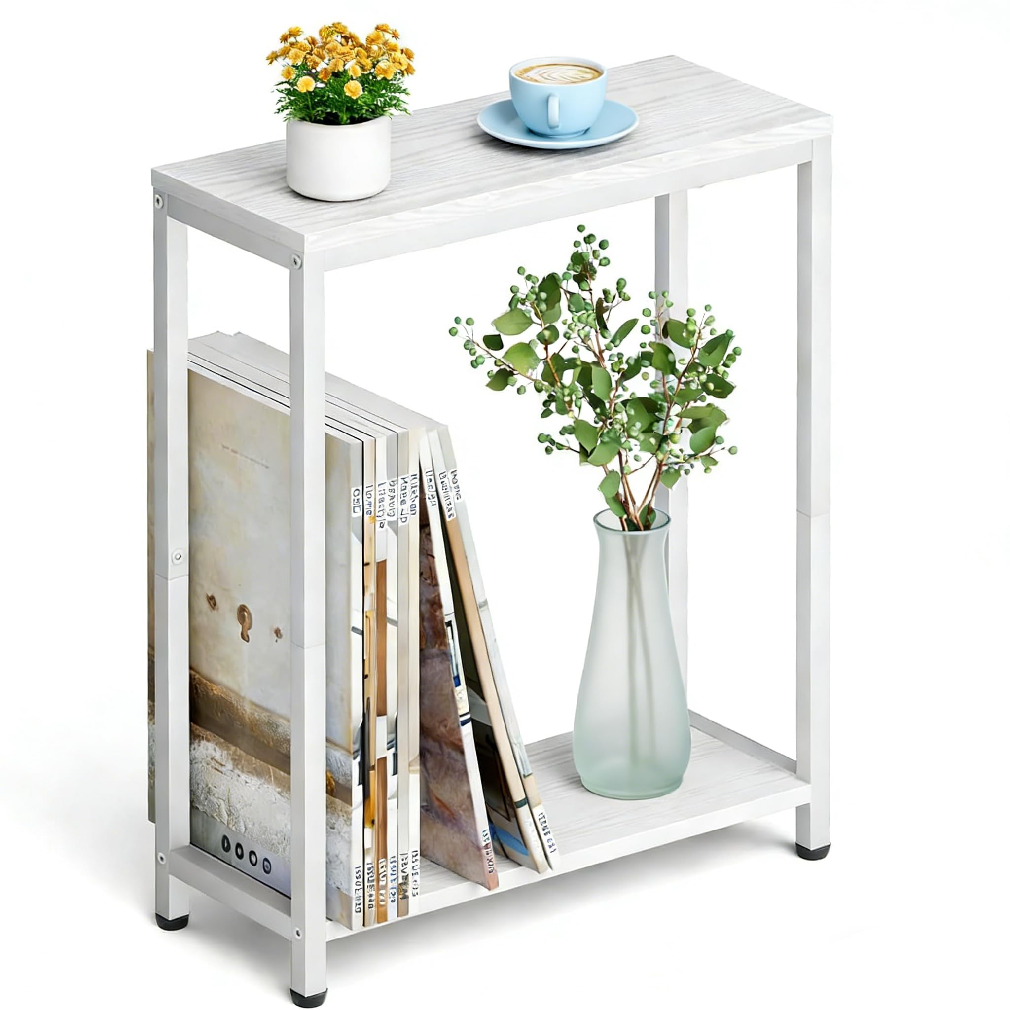 MISSLO Slim Narrow Side Table for Living Room, 2 Tier Small End Table for Small Space, Thin Coffee Table for Sofa, Couch, Bedside, Bedroom, Modern White