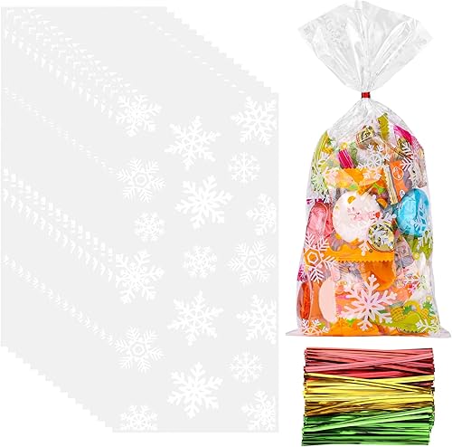 FUSHENMU 120 bolsas de caramelo de celofán de copo de nieve, bolsas de celofán transparentes de Navidad con lazos giratorios para Navidad, fiestas,