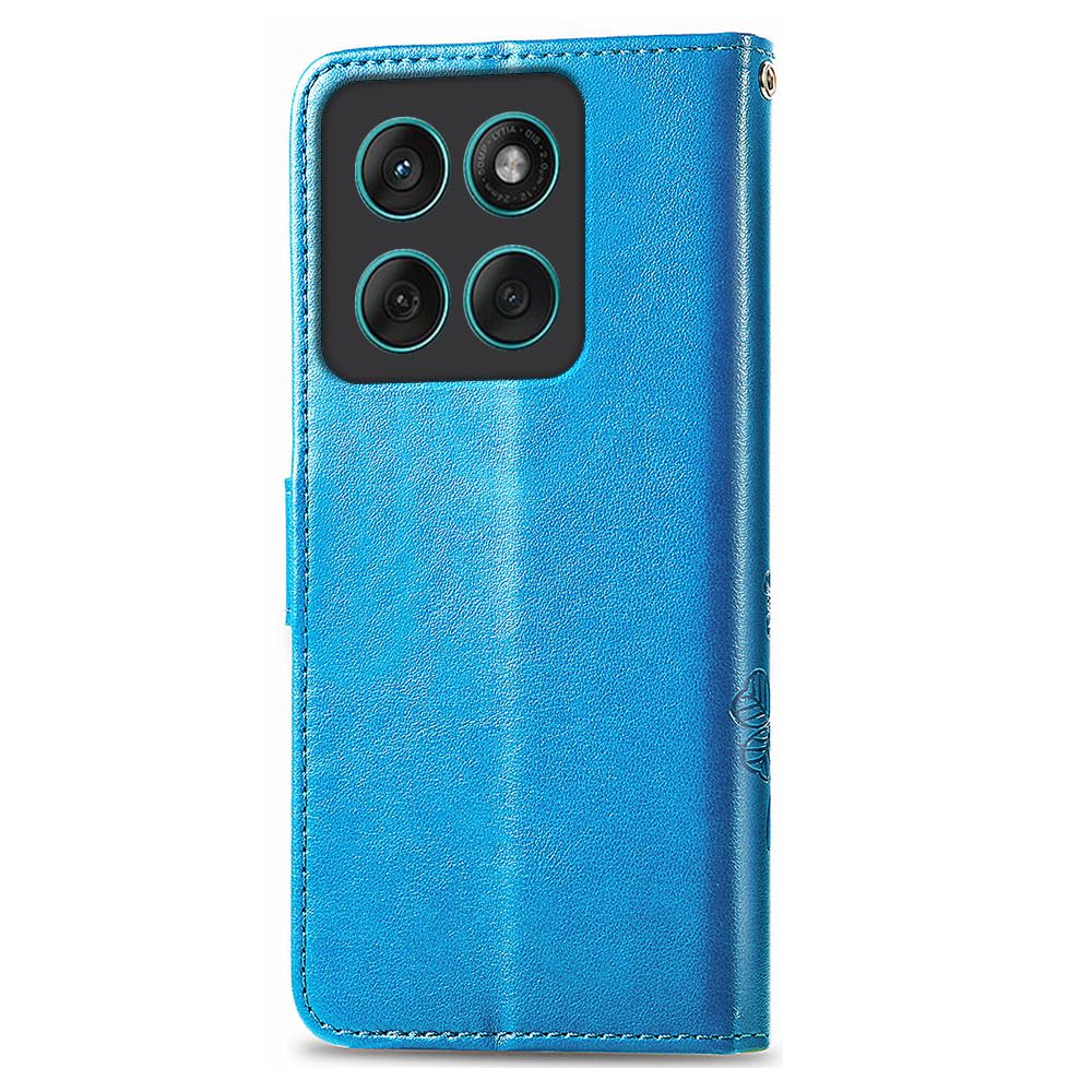RankOne Skórzane etui do Motorola Moto Edge 60 / Edge 60 Fusion (6,67" cala), Wallet Case z 3 przegródkami na karty 1 przegródka na monety czterolistny wzór koniczyny - niebieski