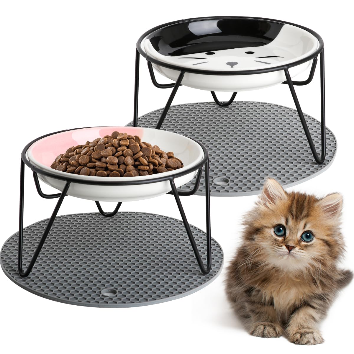 Quyimy 2Pcs Cat Bowl, Ceramic Raised Cat Food Bowl, Elevated Pet Bowl,Anti Vomiting Cat Feeding Bowl, Non Slip Cat Dish with 2 Non-Slip Mats (Blacke&Pink)