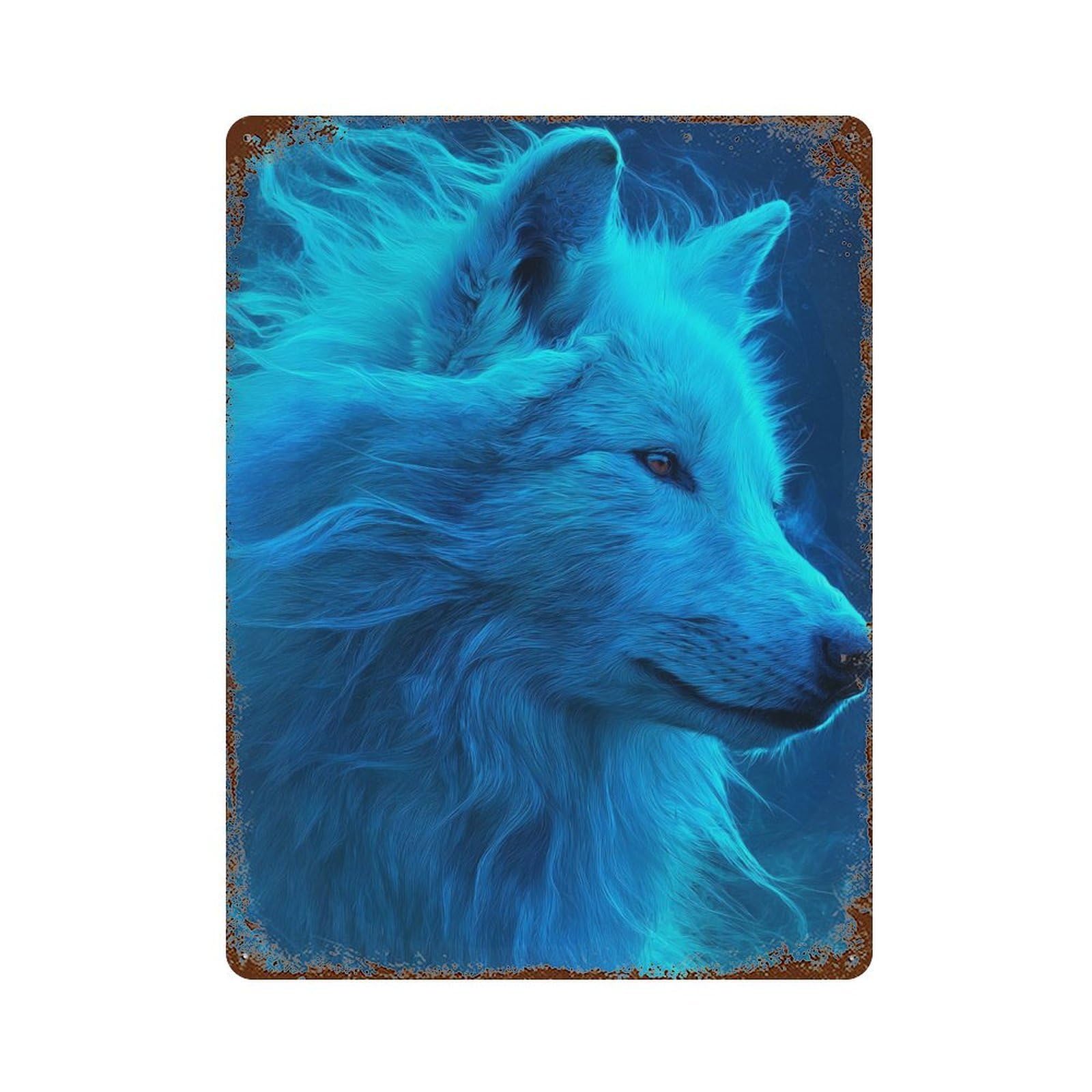 Garage Style Blue Wolf Spirit Art Weathered Tin Sign 15.7"x11.8", Classic Wall Plaque for Bar And Workshop