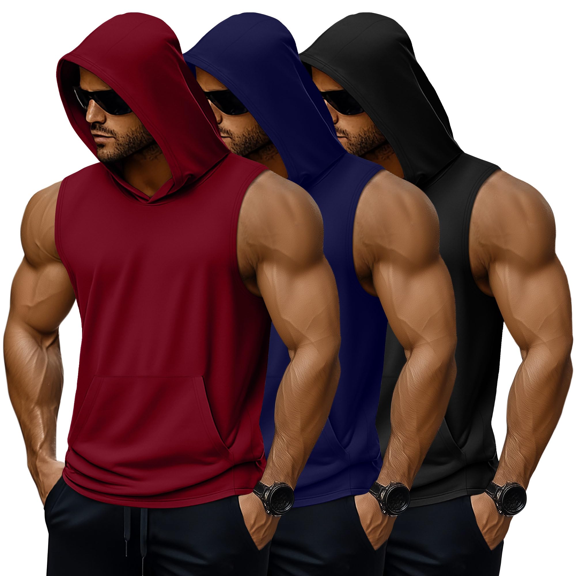 Velvelhall 3 Pack Men's Big & Tall Workout Hooded Tank Tops, Sleeveless Gym Hoodies Bodybuilding Muscle Cut Off Shirts