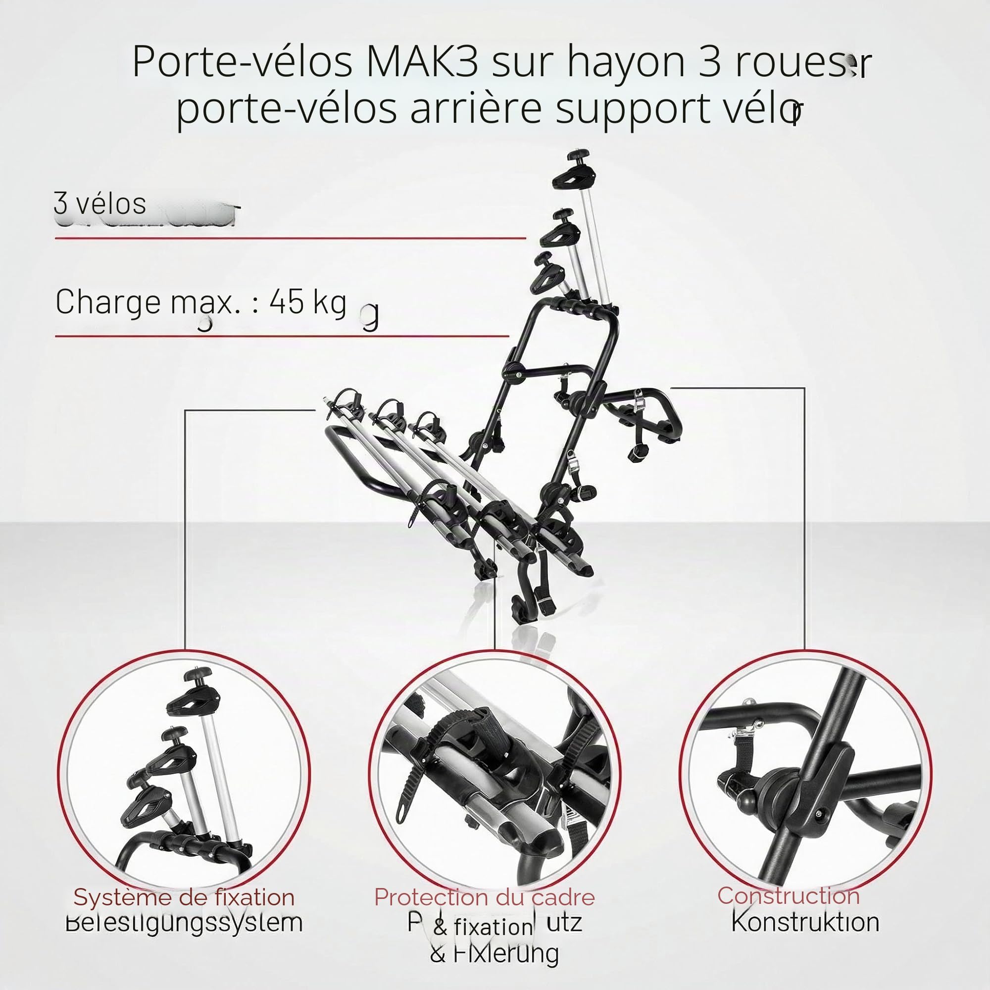 Porte-VÉLOS ARRIàˆRE du Support Acier VÉLO avec SEMBLAIT 3 Roues CONTRà”Le Technique TÜV | Montage arrière en acier pour 3 vélos