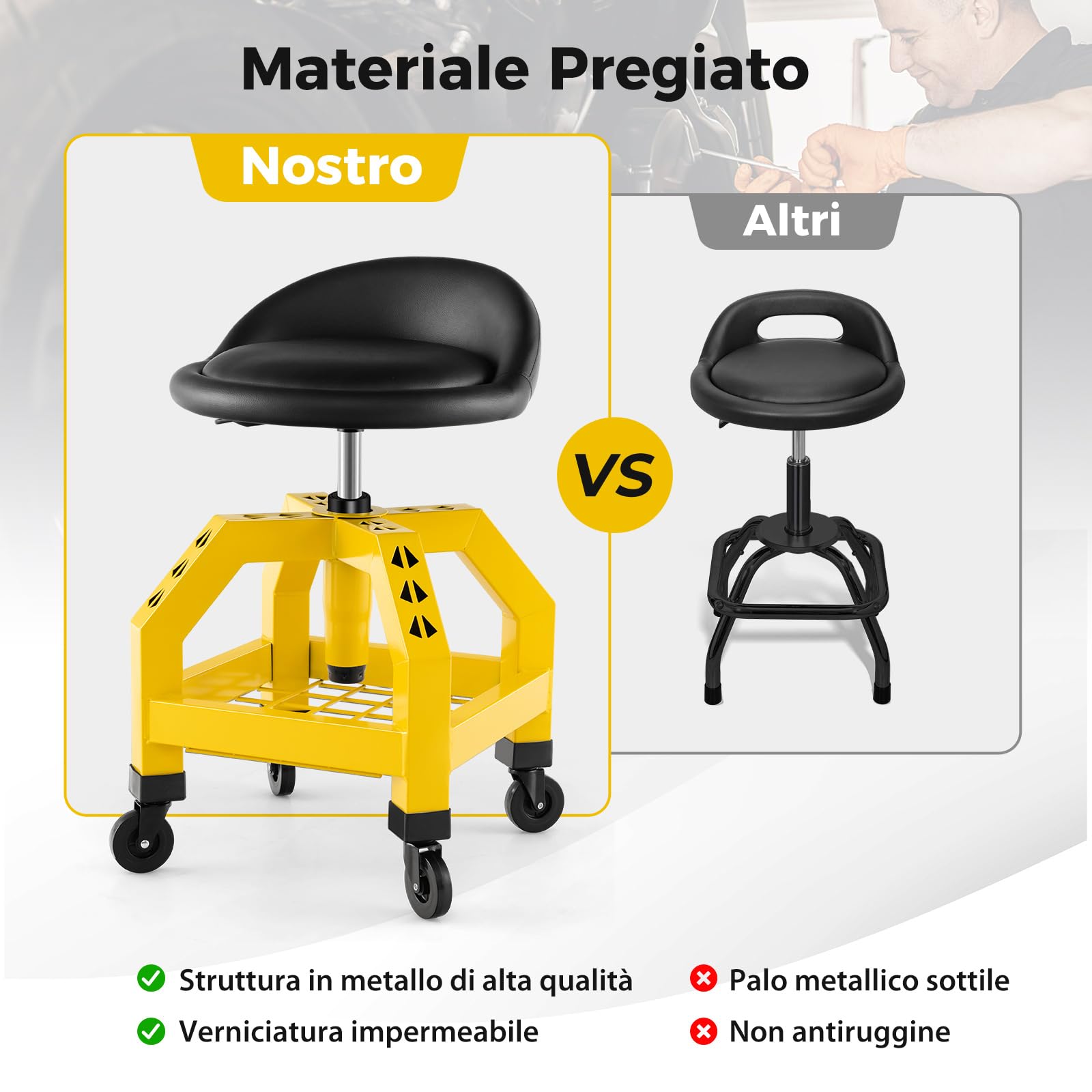 GYMAX Sgabello da Meccanico con Ruote, Altezza Regolabile, Sedile Girevole con Vassoio Porta Attrezzi, capacità di 150 kg, Sedile Girevole per Garage, Officina (Giallo)