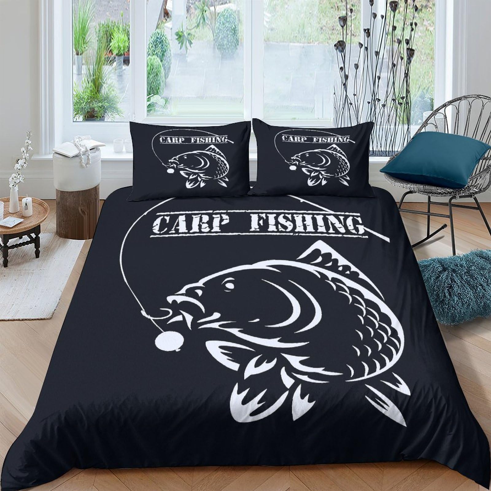 3D Design Ultrasoft Microfibre Carp Fishing Bed Quilt Cover All Season Bedding Sets with Pillow Cases Stylized Fish Art Duvet Cover All Season Machine Washable for Home Decor Single（135x200cm）