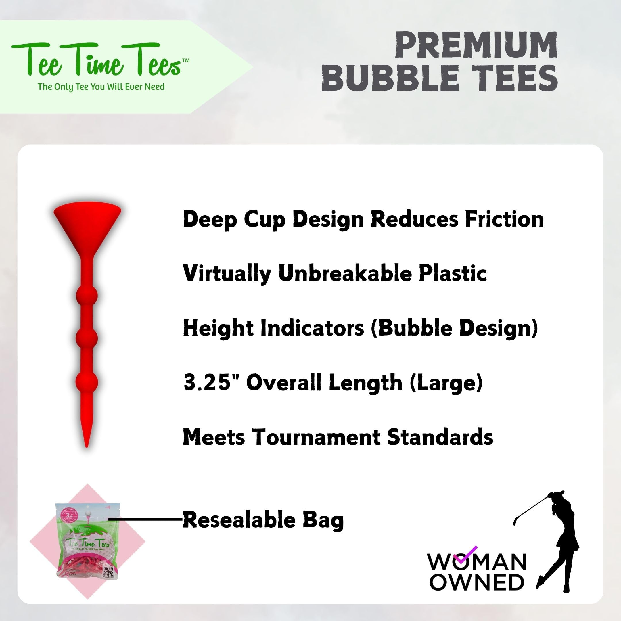 Tee Time Tees The Bubble Golf Tee - Variable Length, Unbreakable Step-Up Plastic Golf Tees 3.25 Inch - One Size for All Shots - Reduced Friction & Spin - Pack of 25 (Pink)