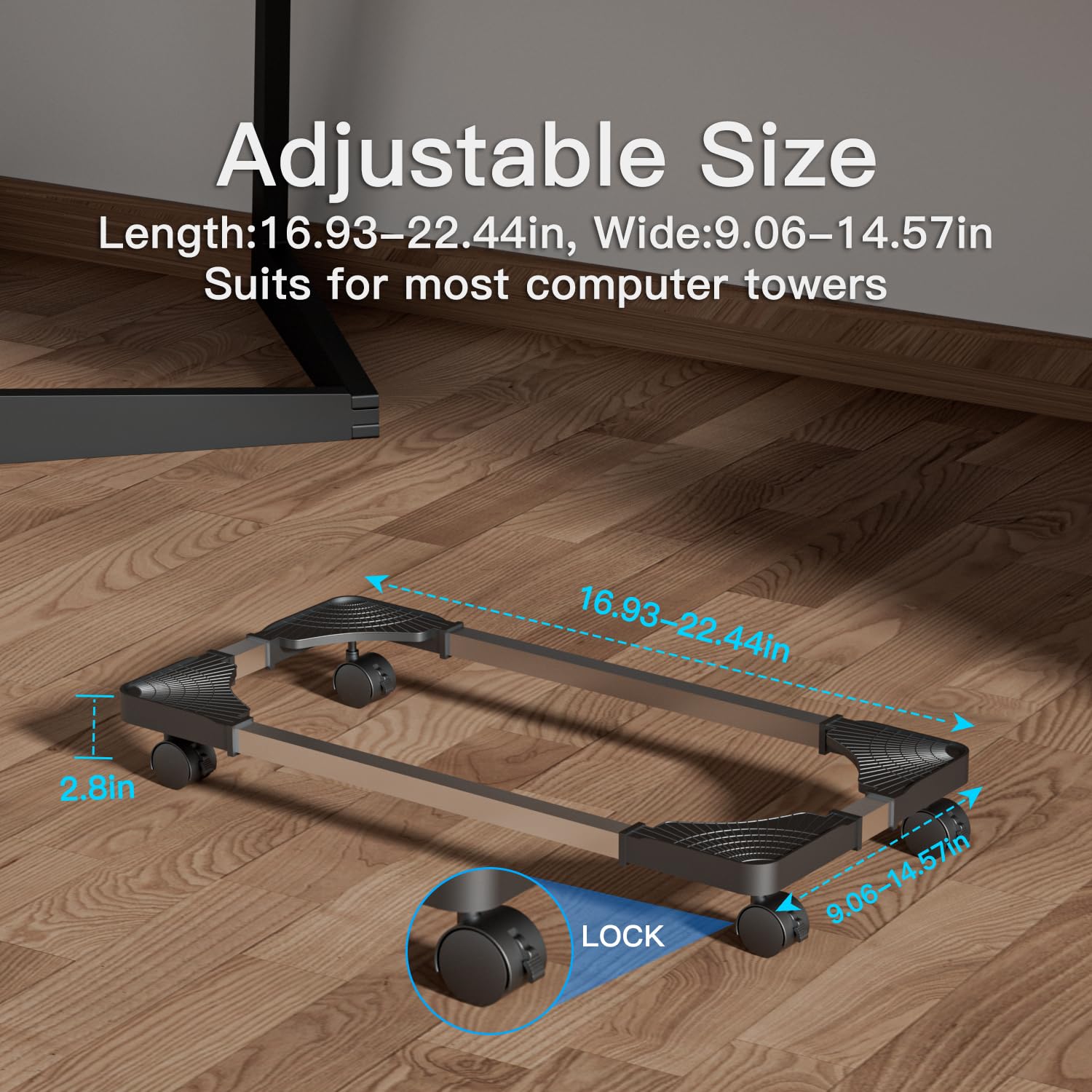 Supporto per CPU per PC, Adromy Computer Desktop Stand, Universale Regolabile CPU, Case Supporto Mobile con 4 Rotelle, Carrello CPU Sotto Scrivania - Nero