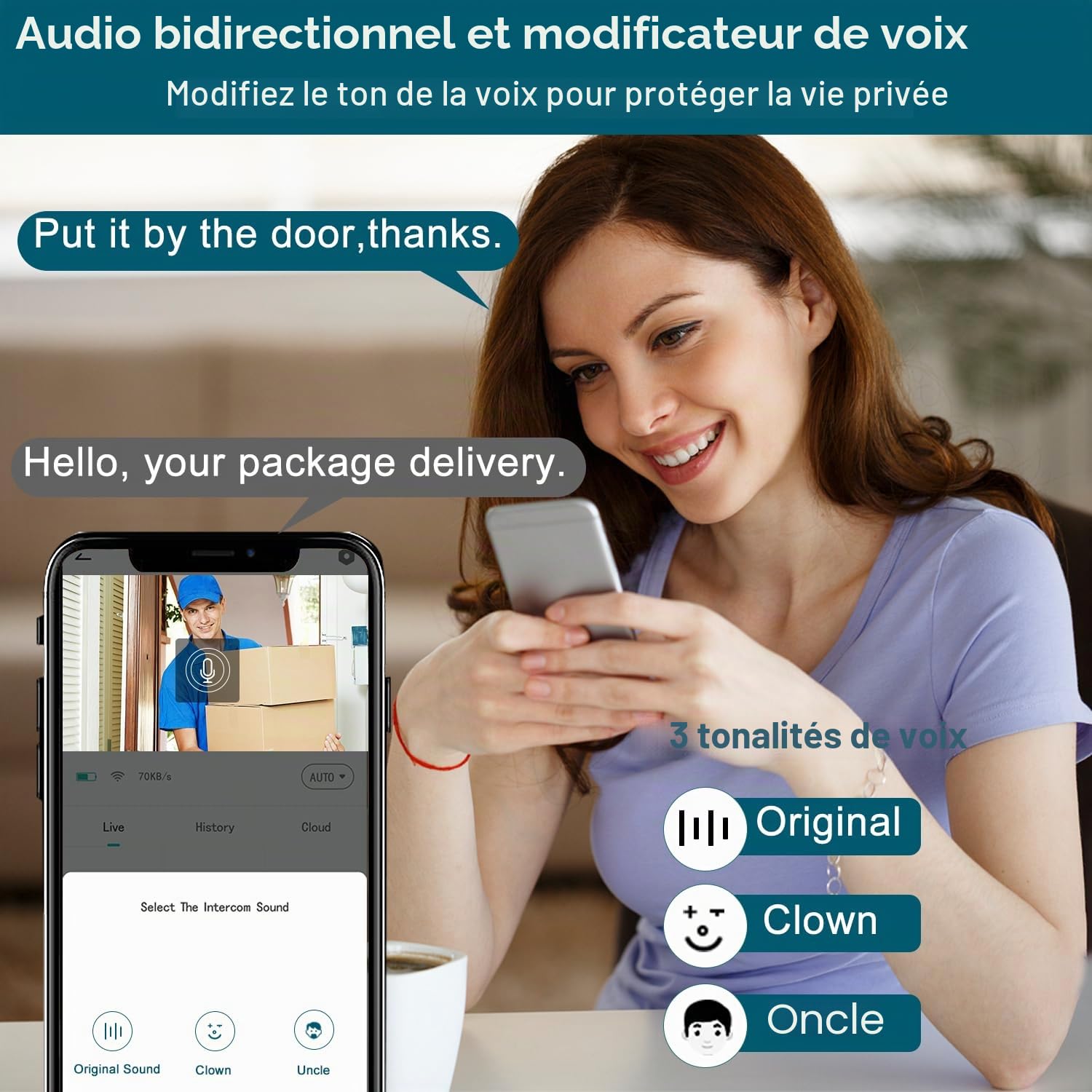 Sonnette vidéo sans fil avec carillon, sonnettes de porte intelligentes WiFi avec changeur de voix, détection de mouvement PIR, HD 1080P, vision nocturne, audio bidirectionnel, alimentée par batterie