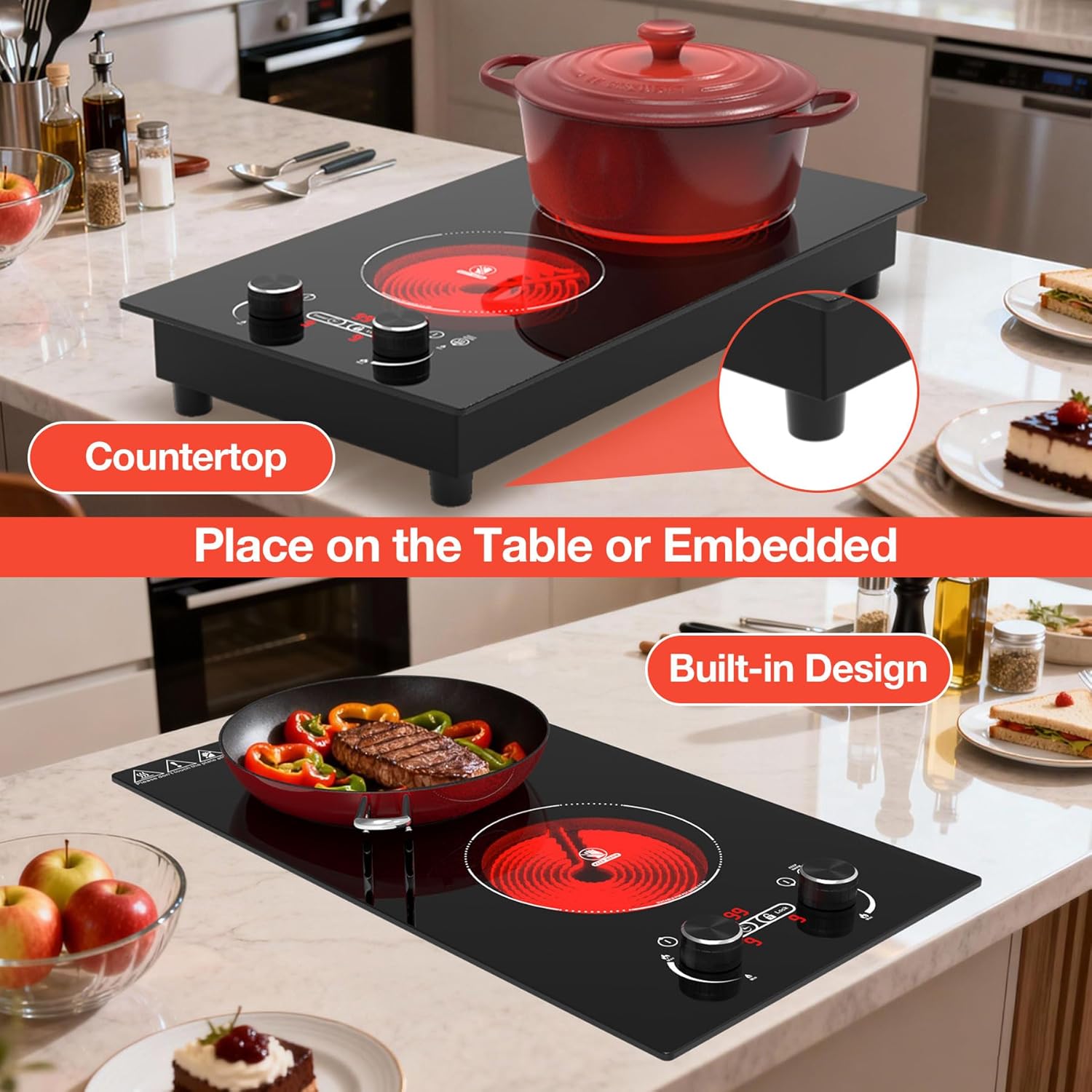 2 Burner Electric Cooktop, 12 Inch Built-in Ceramic Cooktop, 2100W Plug in Electric Stove Top with Knob Control, Keep Warm, 9 Heating Levels, Timer & Child Safety Lock, Over-Temperature Protection