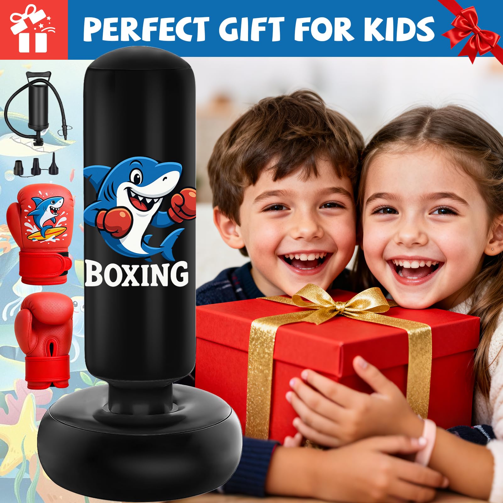 Qoosea Sacco da Boxe per Bambini 3-8 Anni, 130cm Stabile Sacco da Boxe Gonfiabile con Guanti da Boxe, Pratica di Taekwondo Karate Attrezzatura da Allenamento MMA, Regalo per Ragazzi Ragazze