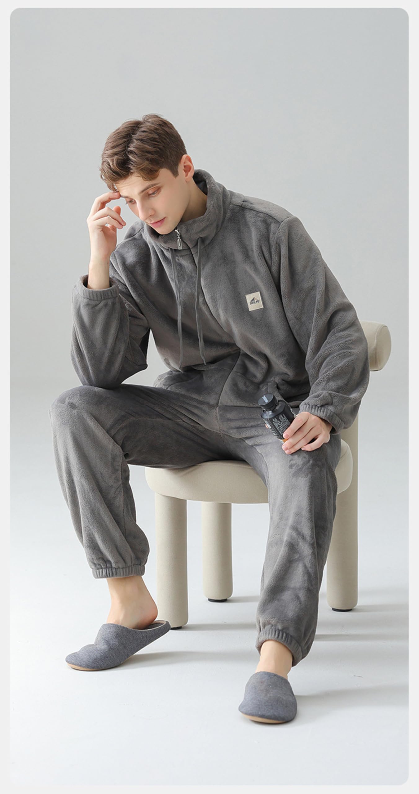 2-Piece Hommes Peluche Polaire Pyjamas Pyjamas Vêtements de Nuit Chaud Confortable Manches Longues Zip up Top & Bottom